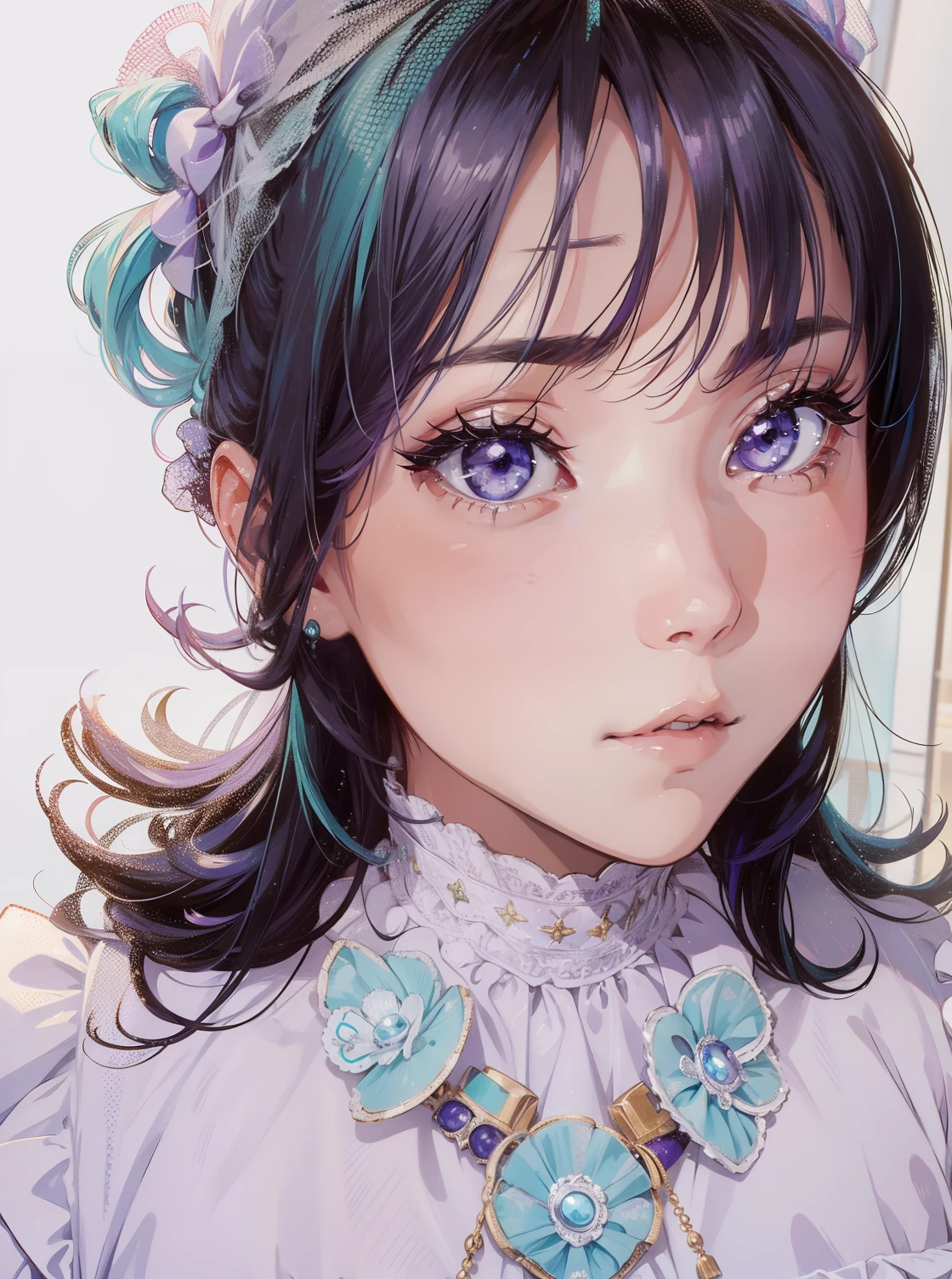 1girl, aqua hair, lilac eyes , absurdres, high res, ultrasharp, 8K, masterpiece, looking at viewer