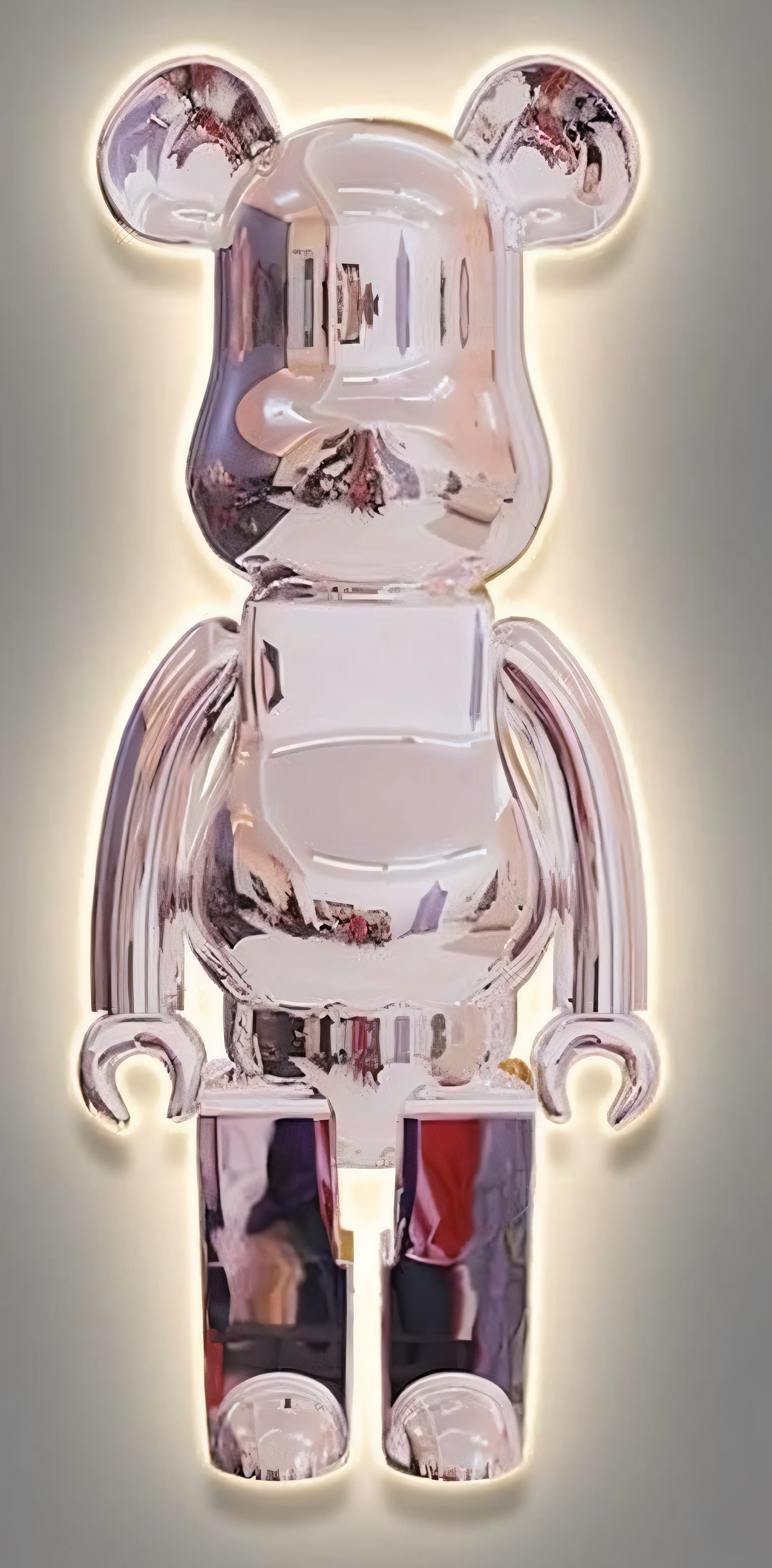 A shiny bear statue is on display, bearbrick, made out of shiny silver, Huge chrome man, made out of shiny white metal, Chrome robot, chrome art, half robot half bear, flat shaped chrome relief, Chromium reflection, chrome body, sofubi, art toys collectible figurine, person made out of glass, silver chrome color, Diamond plated superheroes