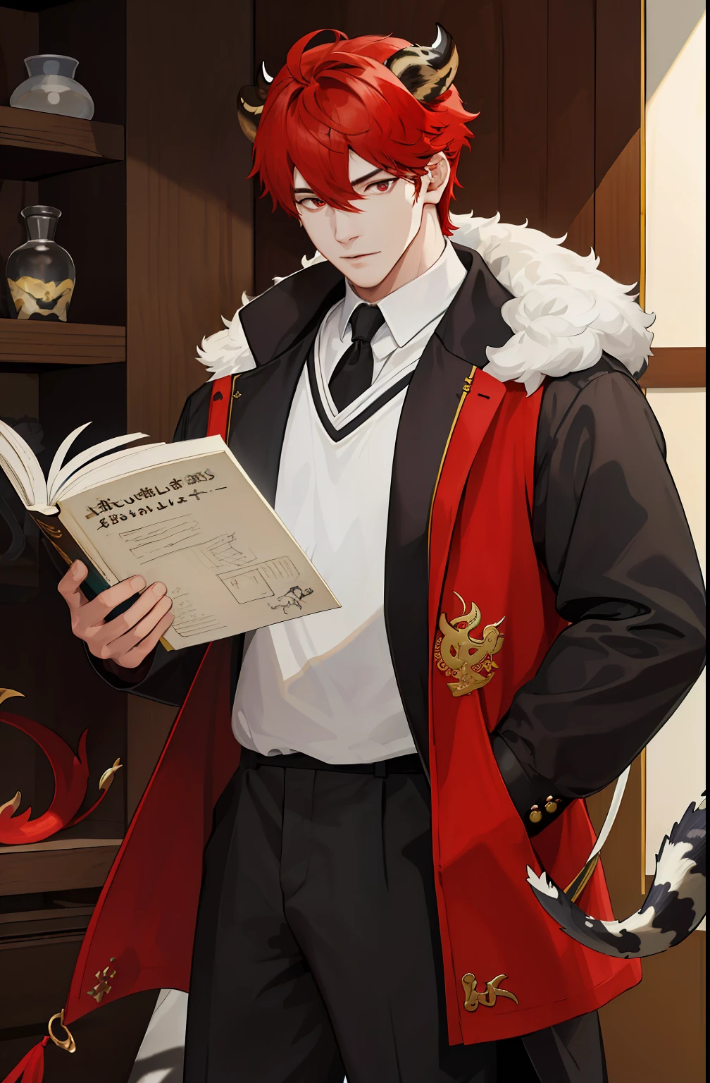 (((absurderes、A high resolution、ultra - detailed)))、(1male people、独奏:1.8、Adults、Strong man、Dragons、)、Sunny Man、redheadwear、Red eyes、(short detailed hair、messy hair、long limbs。Model body type)、Dragon's horn、Tiger Tooth(((Large coat。)))long court。Classic and stylish、age uncensored、darkened room、Best light and shadow、oud、Fine dust、concentrating、Reading、depth of fields、extra detailed face、nerdy、Cow Boy Shot has horns on his head,Tiger Tooth,Storyboard,Multiple actions