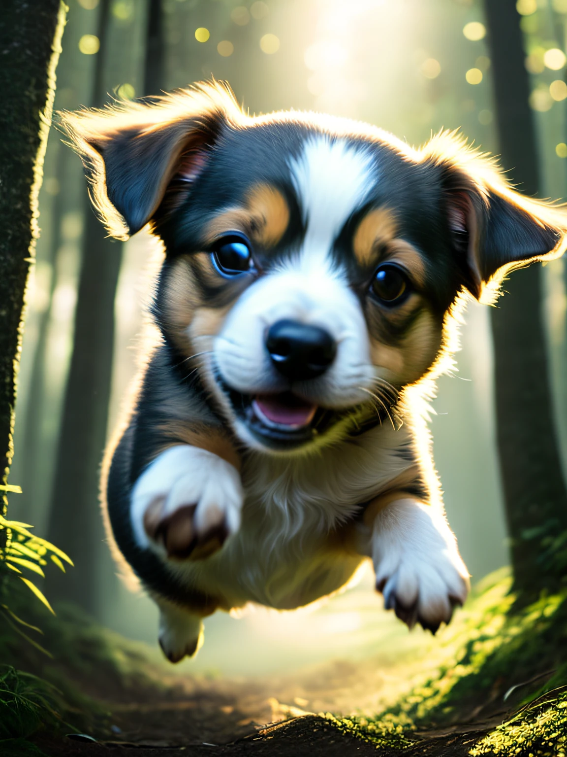 Close-up of a very cute jumping puppy in the forest, soft volumetric light, (backlight: 1.3), (movie: 1.2), intricate details, (ArtStation: 1.3), Rutkowski