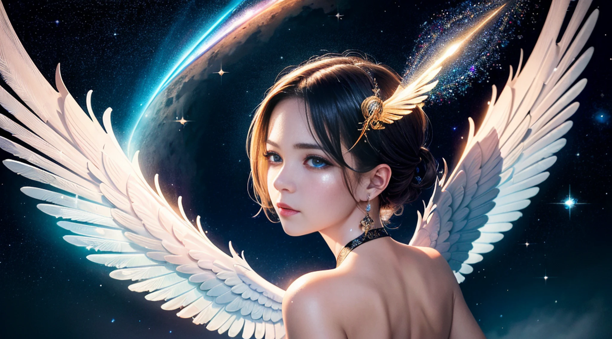 (masterpiece), (best quality:1.4), absurdres, [:intricate details:0.2], angel, angel wings, milky way, sky, shimmering aura, intense focus, crackling energy, mysterious symbols, sparkling motes,