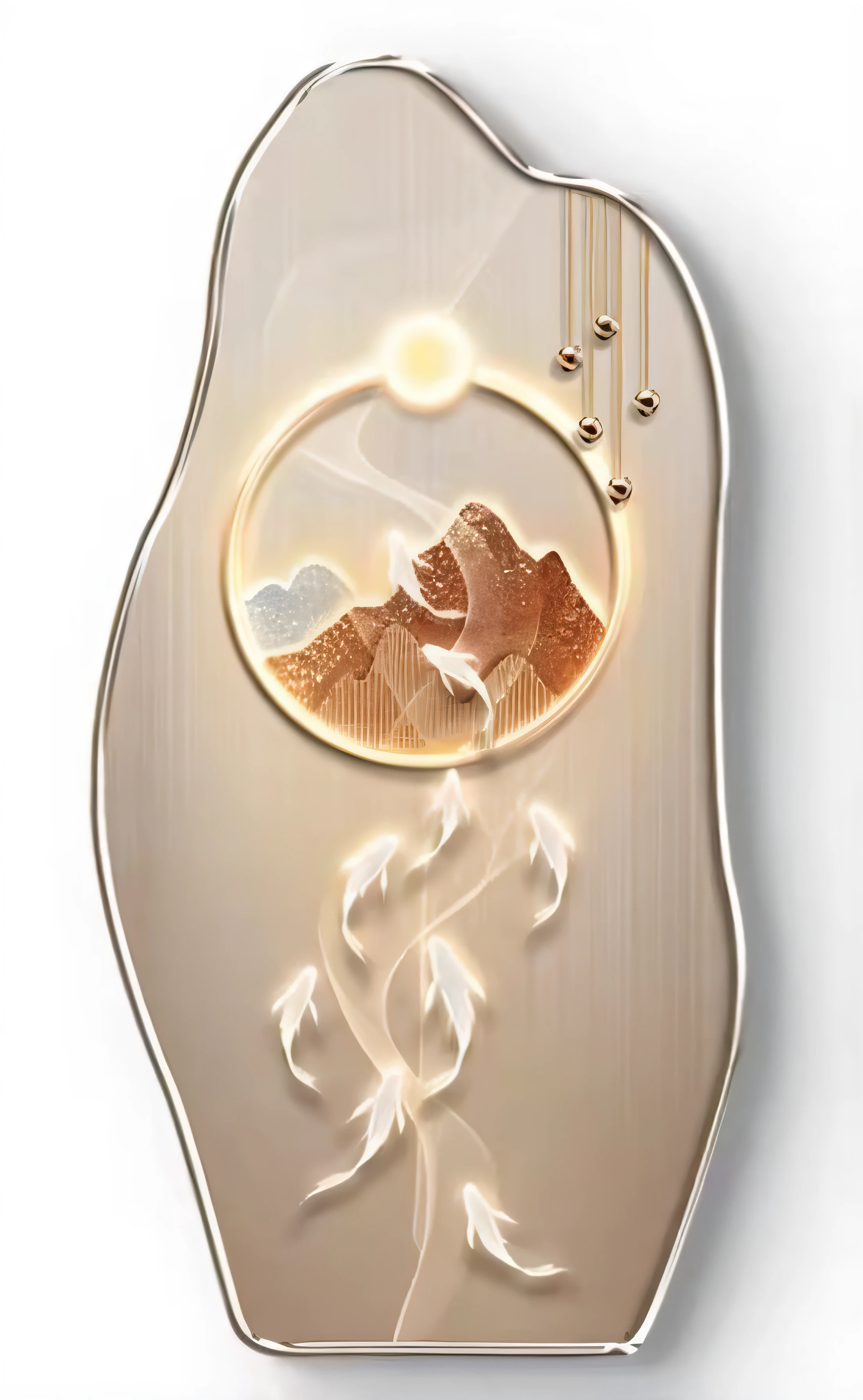 The background is a close-up of a metal object of a mountain, Beautiful design, concept art zippo lighter, artistic depiction, golden silver elements, light toned, magnificent design, gold inlay, abstract scene design, etched relief, vector art for cnc plasma, with the mountains in the background, metal art, Vector art panel for CNC plasma, golden inlays