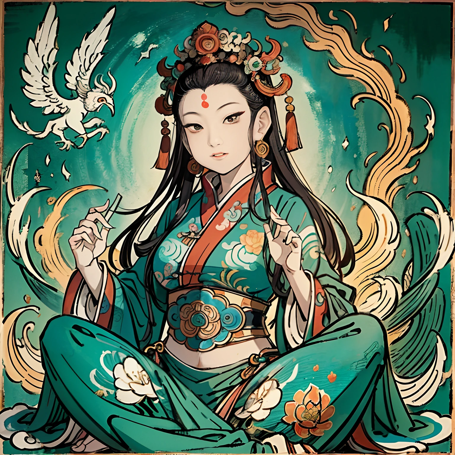 an ancient Chinese goddess, guanyin of the southern seas, Guanyin, Inspired by India, Avalokiteshvara rides a phoenix,,Serene expression,shui mo hua,Buddha,Buddhist,Lotus,Chinese painting style,Thangka style
