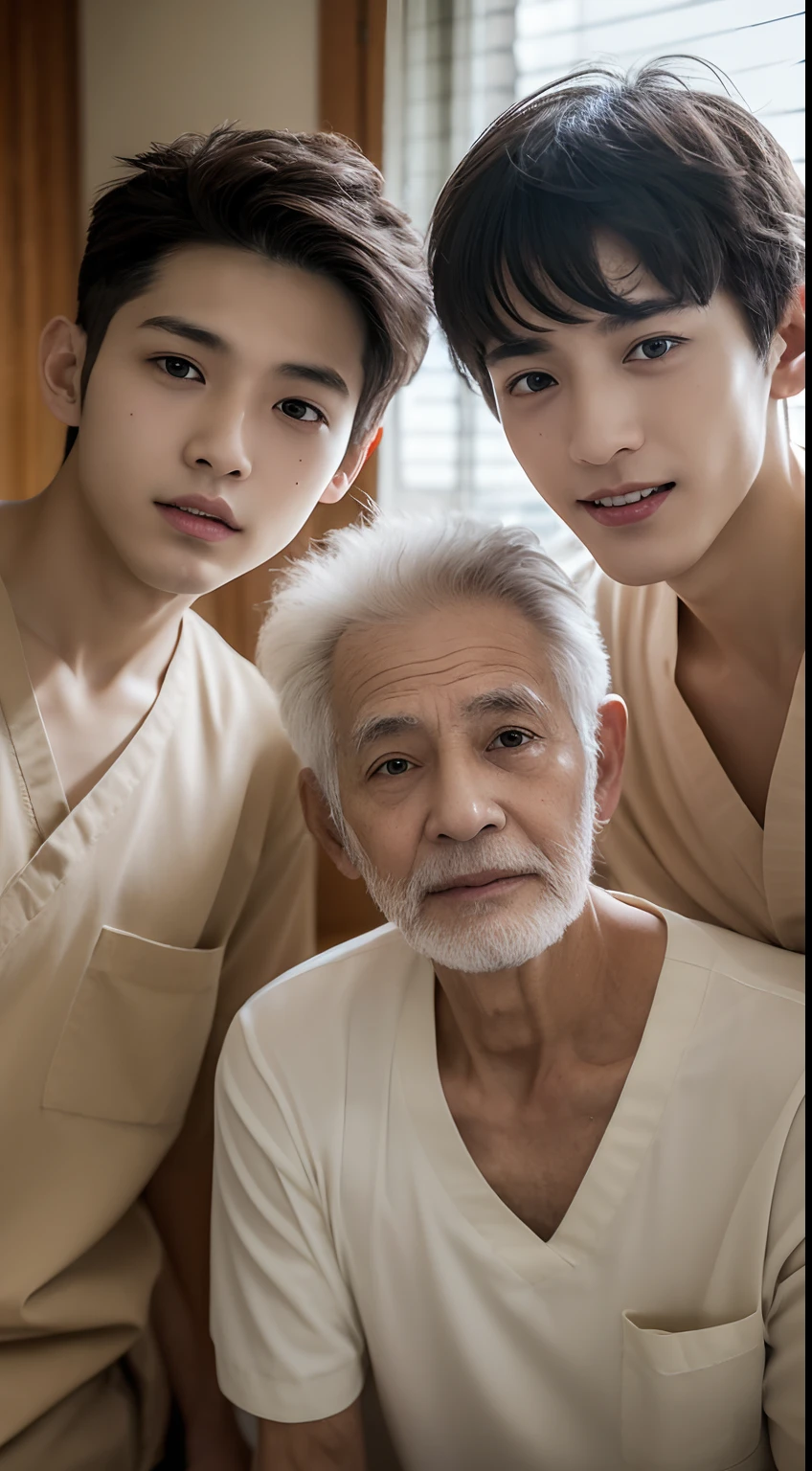 4K、Raw photo、Photoreal Stick、hight resolution、( (Young men))、Mashed Hair、twinks、Nursing Staff、In a nursing home、Looking at the camera
