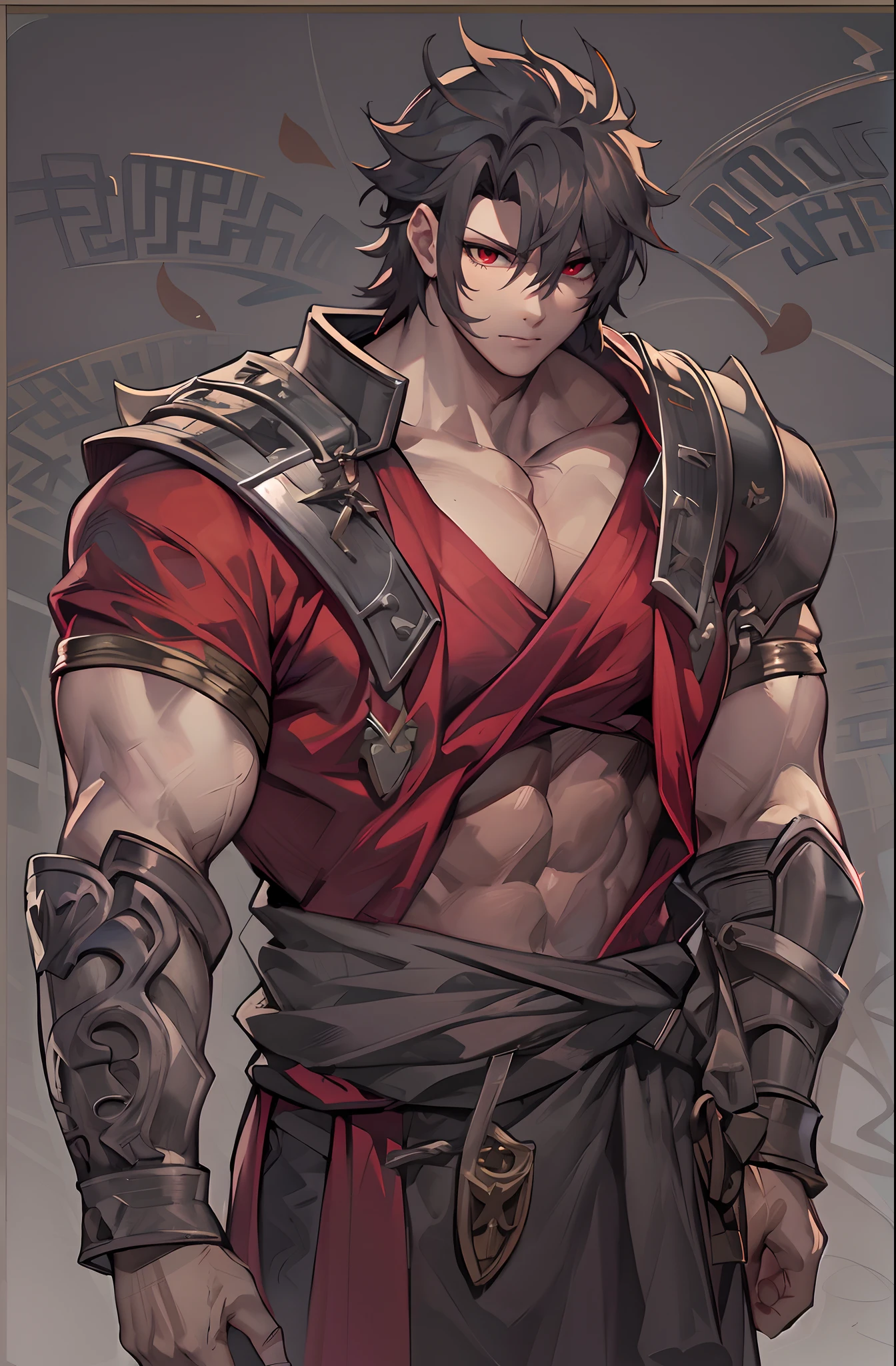 like all the demon princes, I am quite tall. I have purple hair tied back in a ponytail, and red eyes with sharp silver pupils. I wear fine clothes, as befits a prince of Hell, though they are always black. My demeanor is haughty, arrogant, and superior to others. I carry myself with confidence and a sense of pride that is unrivaled. When I speak, my words are sharp and my voice is powerful. I am the embodiment of pride and arrogance. handsome male, bara, muscular (8k) (good quality) dark purple hair. Red eyes.