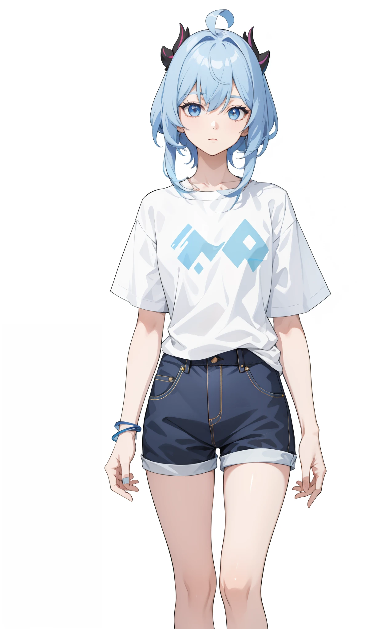 a woman in a white shirt and blue shorts standing with her hands in her pockets, girl with long white hair, 2 d anime style, anime girl with long hair, wearing casual clothes, style anime, full body portrait of a short!, mikudayo, anime land of the lustrous, high quality anime artstyle, horn