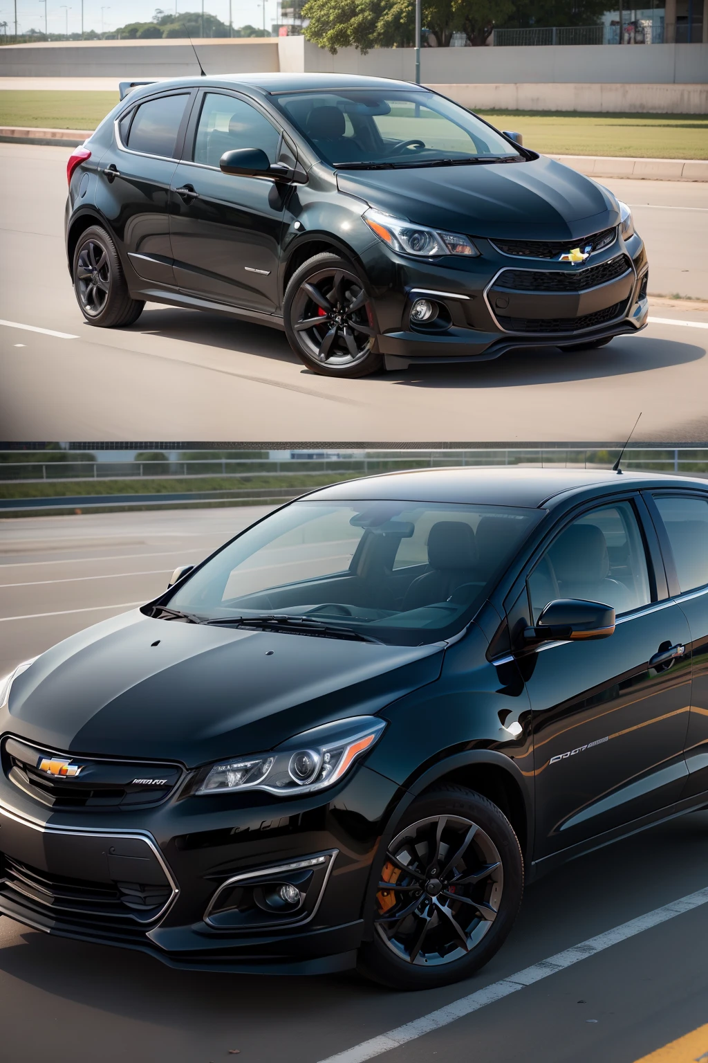 Make a black car. Chevrolet Onix 2013, Hatch model. Brazilian streets, rio grande do sul. Car is stopped in front of the Grêmio arena. Ultra realistic, 8k, Full HD.
