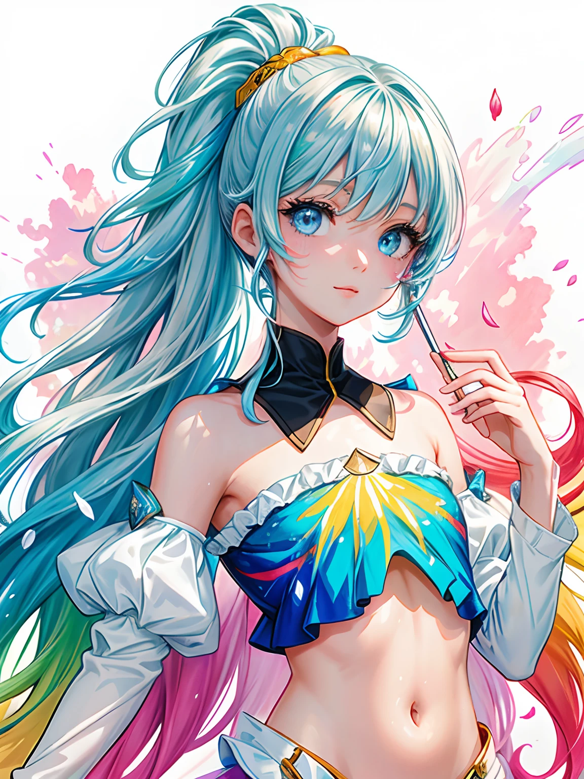 (pinkskirt:1.9),(Colorful hair:1.8),(Rainbow all colors:1.8),((((Vertical painting:1.6))),(painting of a:1.6),frontage,comic strip,illustration,painting of a,largeeyes,crystal-clear,(rainbow color gradient high ponytail:1.7),Delicatemakeup,Keep one's mouth shut,(Small Fresh:1.5),(Bandeau:1.6),long eyelasher,White shoulder T- shirt, White Shoulder Shirt,looking at viewert,watery big eyes,(rainbow colour hair:1.6), colored splashing, (Solo:1.8), colored splashing, Color explosion, Color splattering, Color explosion, Thick lacquer style,Messy lines,((Shining)) ,(Colorful), (Colorful), (Colorful), Colorful, Thick Paint Style, (Splash) (colored splashing), Vertical painting, Upper body, paint splatter, Acrylic Pigment, Gradient, Paint, Highest image quality, Highest image quality, Masterpiece, Solo, Depth of field, facepaint, Colorful clothes, (ellegance: 1.2), opulent, long whitr hair, ventania, (ellegance: 1.3), (petals: 1.4),(((Masterpiece))),(((Best quality at best))),((ultra - detailed)),(illustratio),(dynamic angle),((floatking)),(Paintwork),((Loose hair)),(Solo),(1girll) , (( (Detailed anima face))),((Beautiful detailed face)),collars,exposed bare shoulders,whaite hair,((The color hair)),((Striped hair)),Beautiful detailed eyes,(Gradient color eyes),(( (Colored eyes))),(((coloured background))),(((high saturated))),(((Surrounded by colorful splashes))),