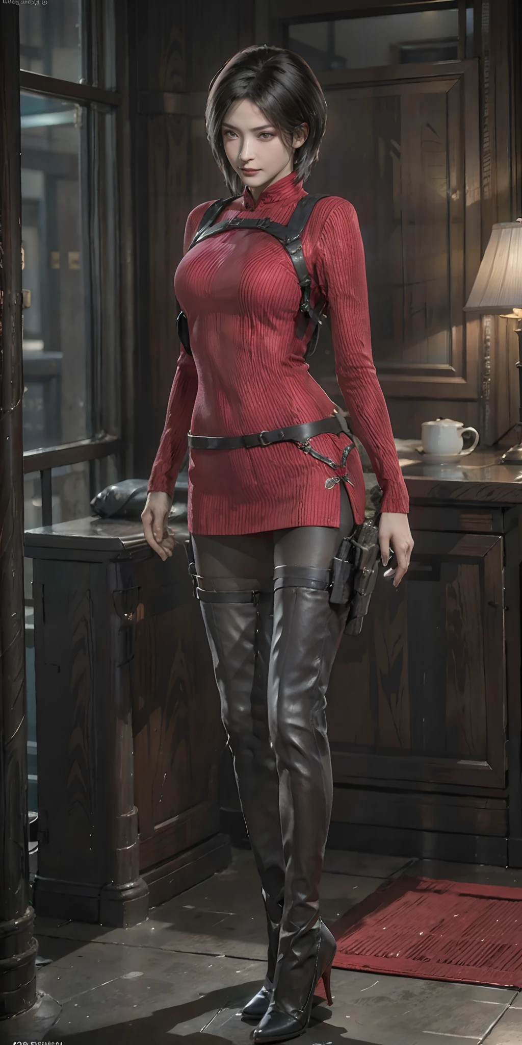 photorealistic, high resolution, soft light,1women, solo, hips up, (detailed face),  Ada Wong in the Resident Evil 4 remake， short detailed hair， brunette color hair， Red cheongsam， Short-sleeved shirt，， nedium breasts， upper legs， hindquarters， black heels, tattoo, jewelry