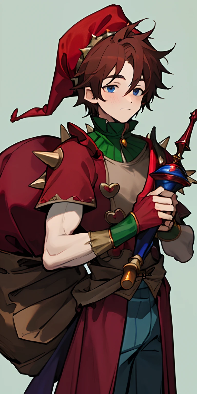 (masterpiece, best quality),1boy, the jester, maroon and red colored themed, wearing a Christmas hat, spikey shoulder caps on shoulders, holding a brown sack. light blue eyes, jester costume