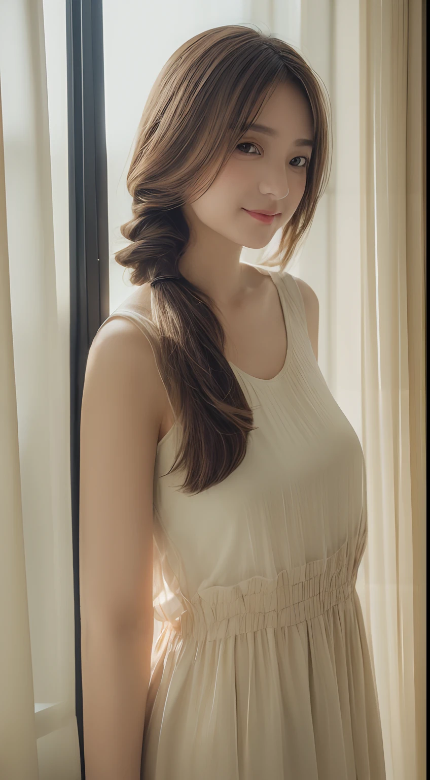 ((Best picture quality, downy,8K, tmasterpiece:1.3)), 1girll, Beautiful woman with slender abs:1.3, (Casual hairstyle, No leakage of big breasts:1.2), shift dresses:1.1, Ultra-fine face, A detailed eye, 二重まぶた,ssmile,The afternoon sun at home slanted into the windows, Translucent curtains blow in with the wind, Block the body,Looming, Long light brown messy hair, Light brown eyes, 1girll, Innocent, (Photorealistic), (Intricate details:1.2),(Masterpiece, :1.3),(Best quality:1.4), (超高分辨率:1.2), (Lens flare:0.7),
