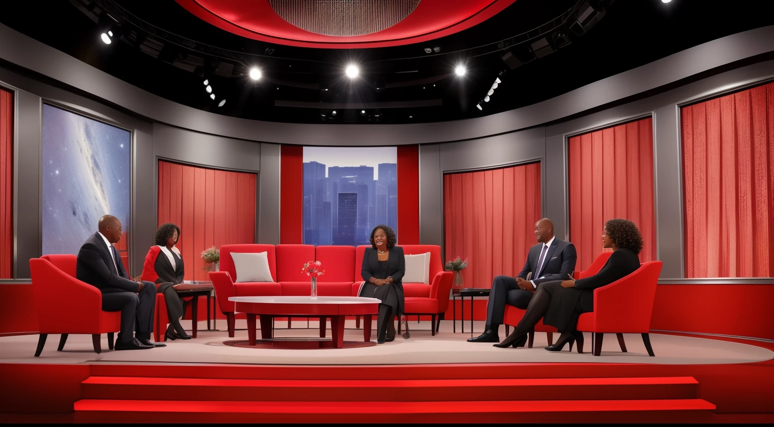 Best quality, ultra high res, (photorealistic:1.4), hdr, hyperdetailed. People smiling and speaking at a syndicated talk show. Close view. Spotlights, cameras. The Oprah Show, Tabloid talk show, Sunday morning talk show. A lot of space. Red and grey colors in interior design. Very rich production, many details, minimalistic furniture, cameras in the shadows, positive atmosphere.