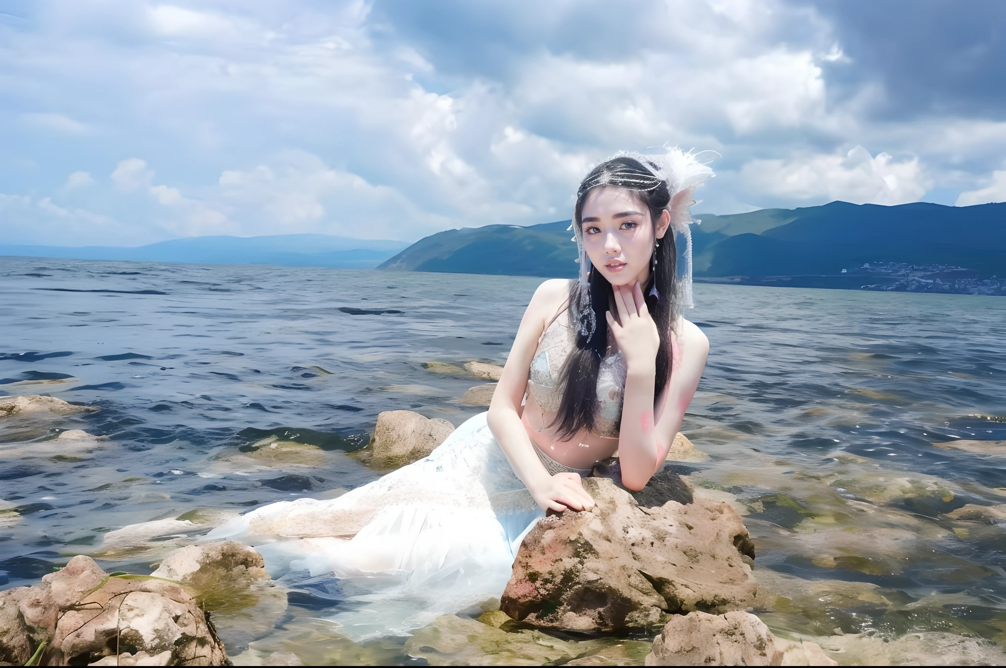 there is a woman sitting on a rock in the water, queen of the sea mu yanling, real photoshoot queen of oceans, dilraba dilmurat, beautiful mermaid, water fairy, a mermaid in the sea, Asian Woman Water Elemental, wenfei ye, xintong chen, full-body xianxia, mermaid, shaxi, jinyiwei