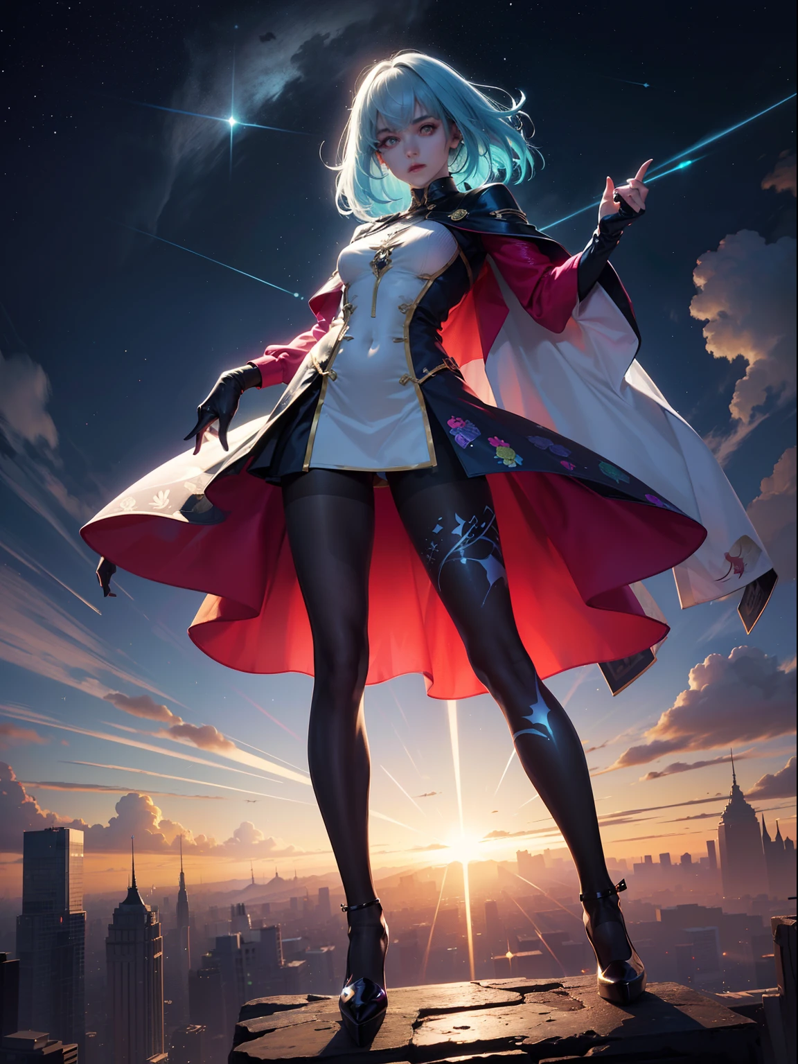 Long rainbow-colored hair，(fully body photo),  Full body character design，Smooth skin，Solo, 1 girl，standing on your feet，Night moon fluorescence，fine art photography，(Movie Angle: 1.2),,(1 girl，ninja clothes),(Best quality, Detailed details, Masterpiece, offcial art, movie light effect, 16k)Crystal heels
