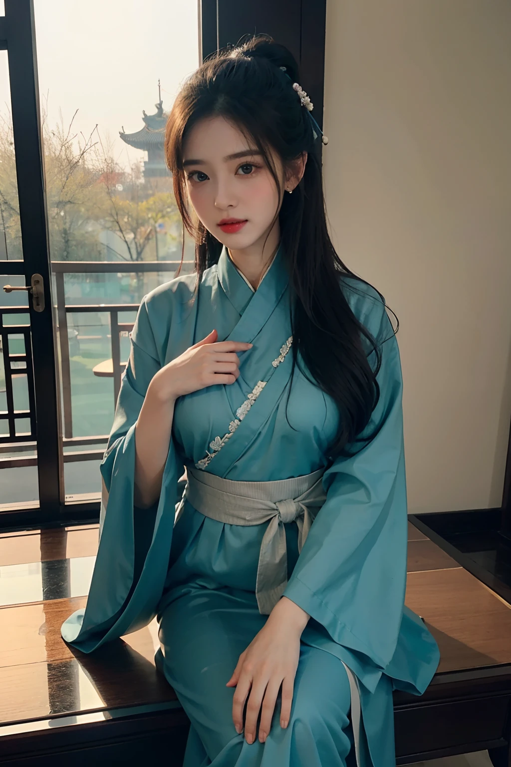 best qualtiy,Original,tmasterpiece,超高分辨率,Sweet girl,Draped with hair,Hanfu,medium boob,Palace Museum,heal