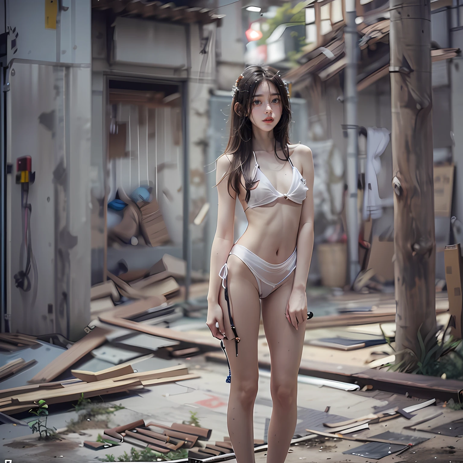 Abandoned construction sites,Sexy standing pose,(Full body portrait 1:1),Random white transparent small swimsuit,Slender and slender figure,Skinny,As thin as a whipping post,Smaller bust,The barefoot,Random nudity throughout the body1.1,exhibitionists,Random exposure of genitals,face to the viewer