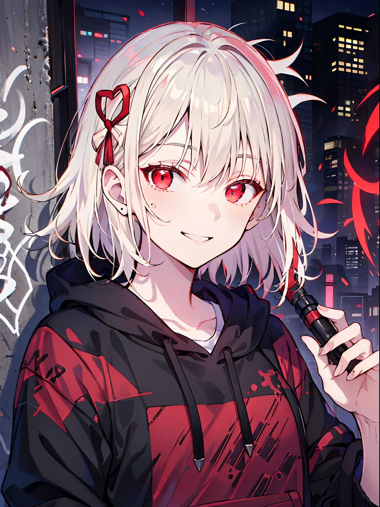detailed background, masterpiece, best quality, smile, ornament, hoodie, portrait, red neon, graffiti, dark, night, glowing eyes, black light,platinum blonde,medium hair,red eyes