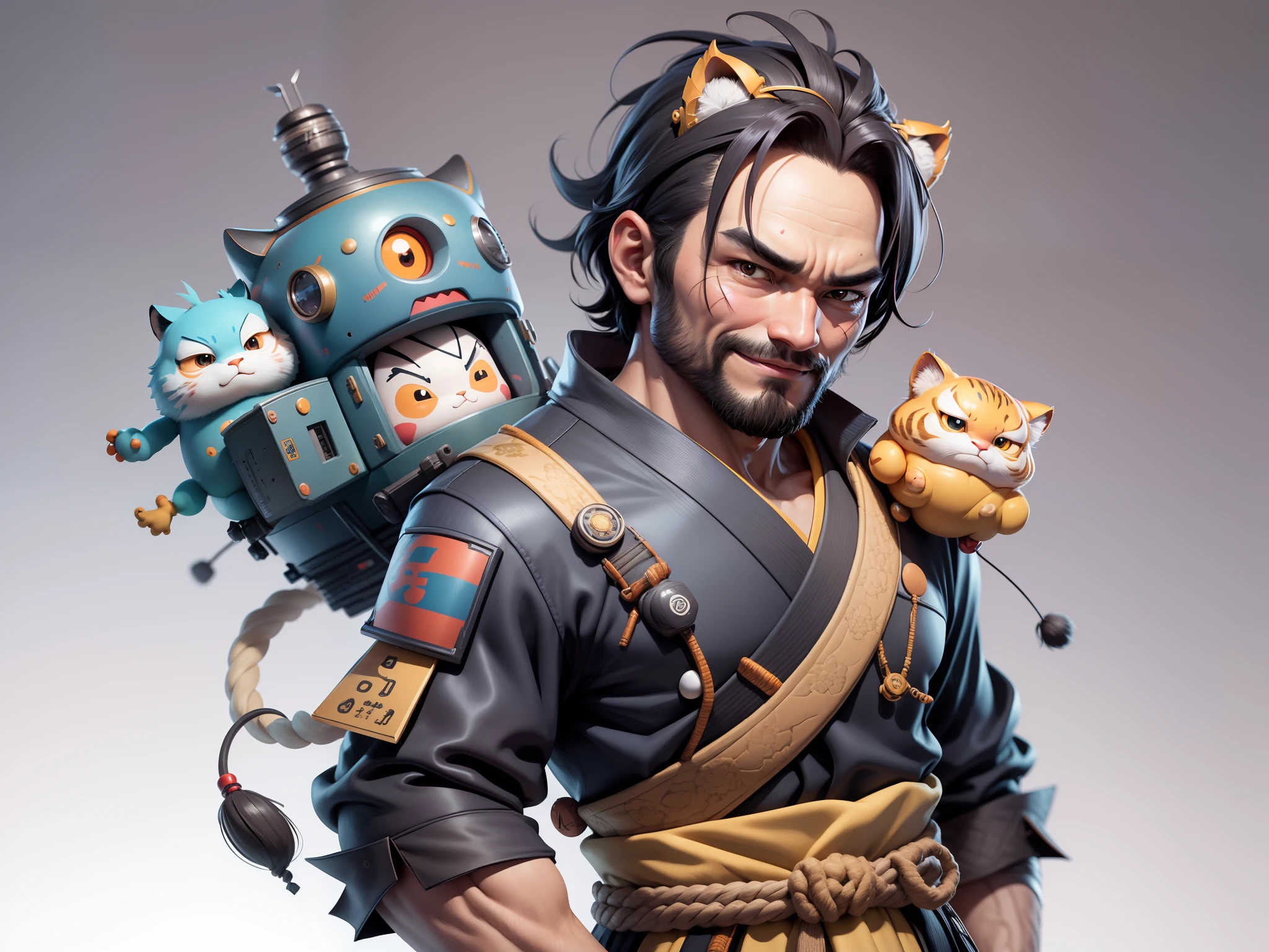 (Daisaku),(Need),(Super meticulous),(full bodyesbian:1.2),Super young man with Japanese geisha，Beautiful，orient，one tiger，Aeolian Thor，Raised sexy，爆乳，Oriental face，TV Anchor，Bust portrait illustration，In black suit，a blue tie，The face is slightly chubby，The face was clean，without a beard，Black super short hair，Black eyes，Smile confidently，3C computer sub-products，iPad， iphone，Digital painting，3D character design by Mark Clairen and Pixar and Hayao Miyazaki and Akira Toriyama，The illustration is a high-definition illustration in 4K resolution，With very detailed facial features and cartoon-style visuals。