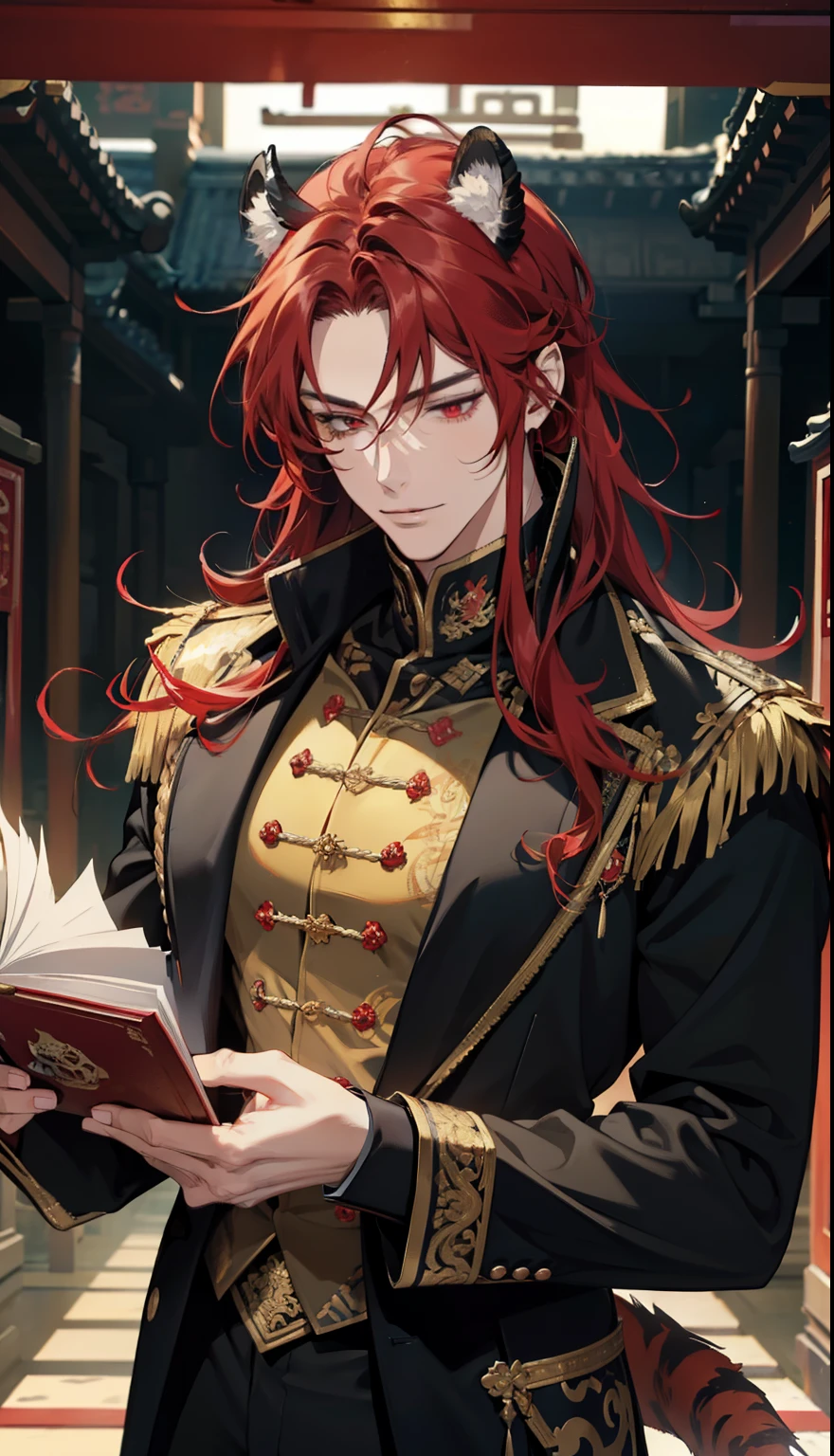 Red hair, Wolf tail, Red eyes, Semi-closed Eyes, Light smile, A handsome man, curlies, Long horns on the head,The demons,Tiger Tooth,wear black suit, tiese, pianos, A magnificent temple of classical literature in western China, romanticism lain, anime big breast, Impressionism, Cinematic lighting, Close-up, hyper HD, Masterpiece, High details,sitted,looking at book