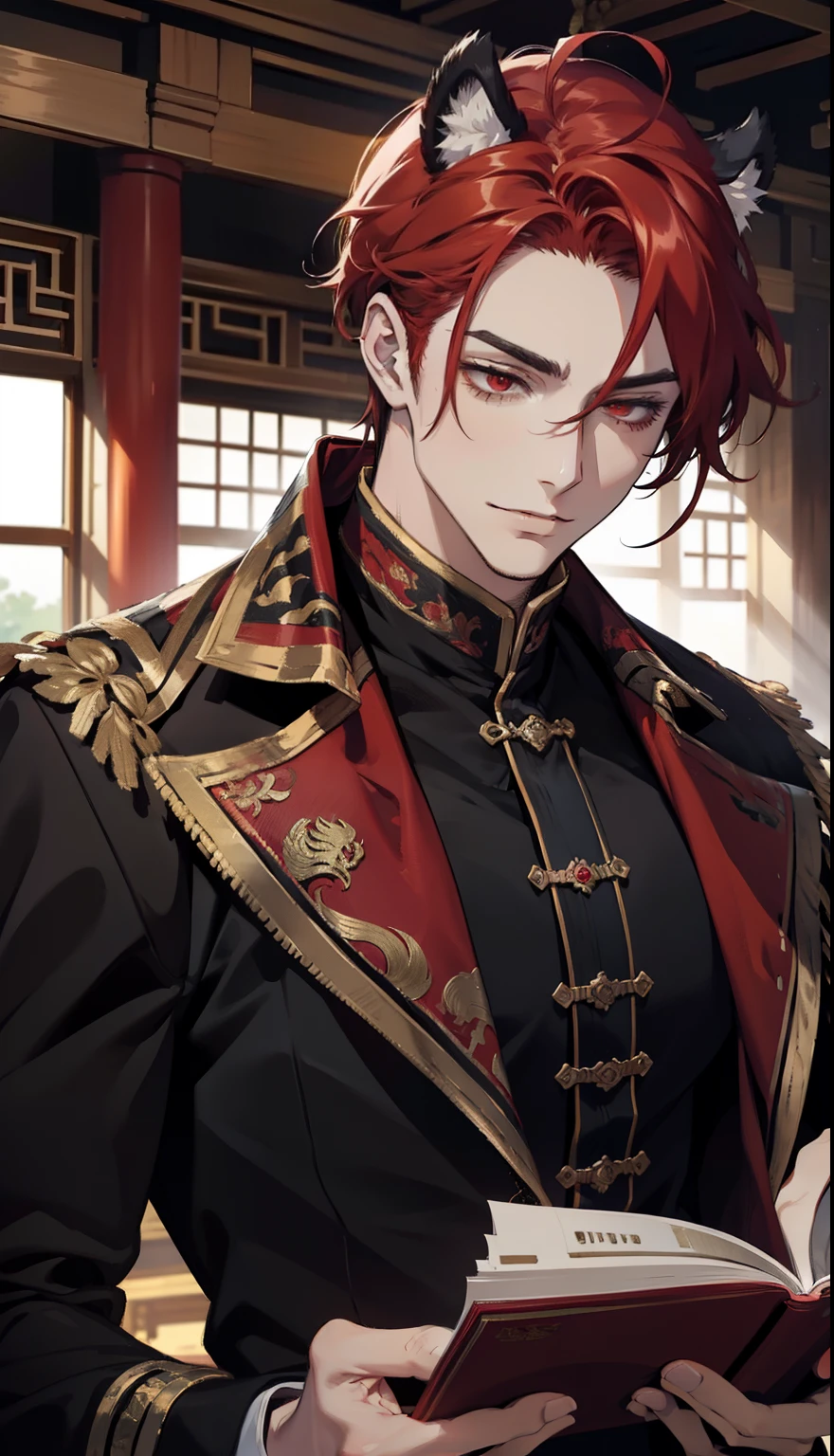 Red hair, Wolf tail, Red eyes, Semi-closed Eyes, Light smile, A handsome man, curlies, Long horns on the head，The demons，Tiger Tooth，wear black suit, tiese, pianos, A magnificent temple of classical literature in western China, romanticism lain, anime big breast, Impressionism, Cinematic lighting, Close-up, hyper HD, Masterpiece, High details，sitted，looking at book