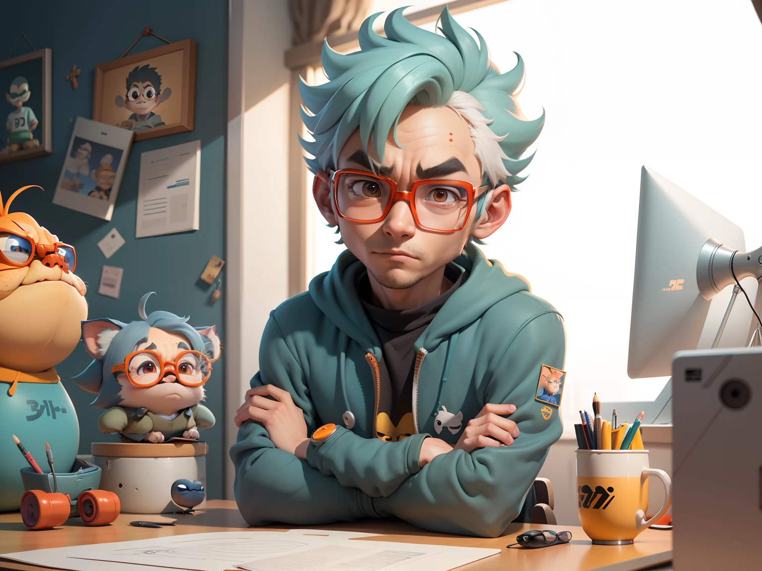 A young man with glasses sits at his desk,holding laptop,digitial painting,3D character design by Mark Clairen and Pixar and Hayao Miyazaki and Akira Toriyama,4K HD illustration,Very detailed facial features and cartoon-style visuals。