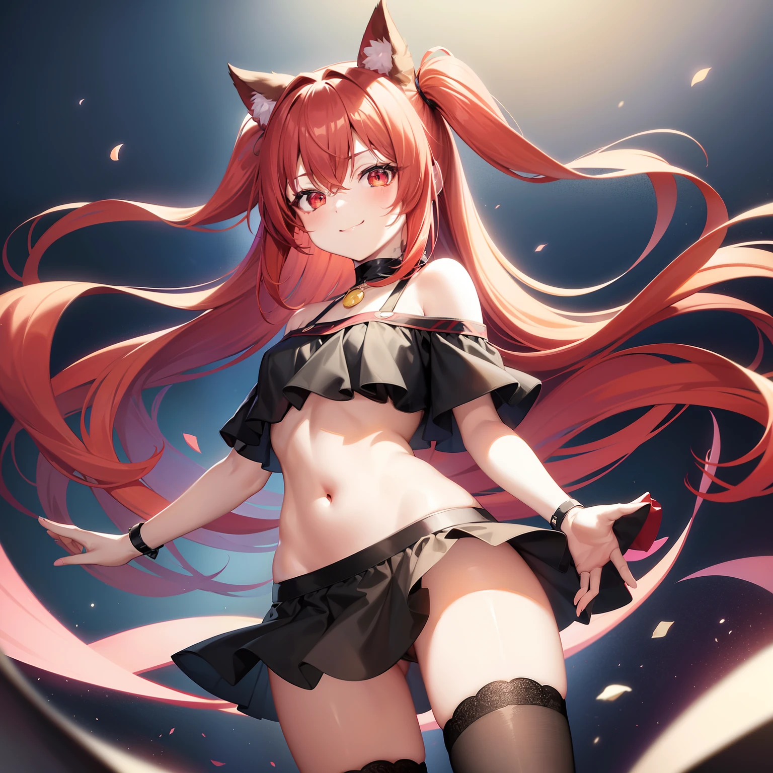 Anime filling,Two-dimensional illustration,Red hair,Half Twin Tail,shorth hair,Big eyes,A smile,a beauty girl,cute little,Super Cute,Black cat ears,Red Eyes,Ruffled Clothes,Inner colorGreen,One girl,Full body painting,A masterpiece of 2D art,(masterpiece,Top image quality:1.3),(detaile:1.2),(1人)