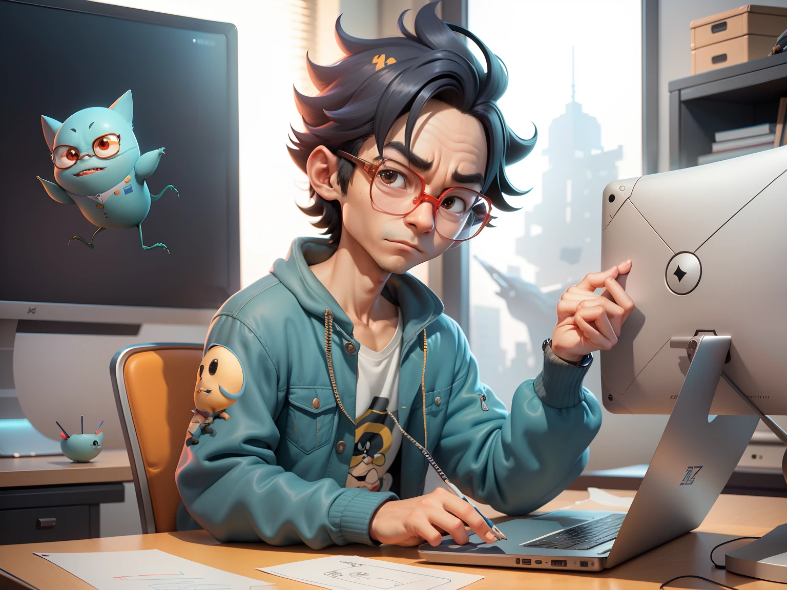 A young man with glasses sits at his desk,holding laptop,digitial painting,3D character design by Mark Clairen and Pixar and Hayao Miyazaki and Akira Toriyama,4K HD illustration,Very detailed facial features and cartoon-style visuals。
