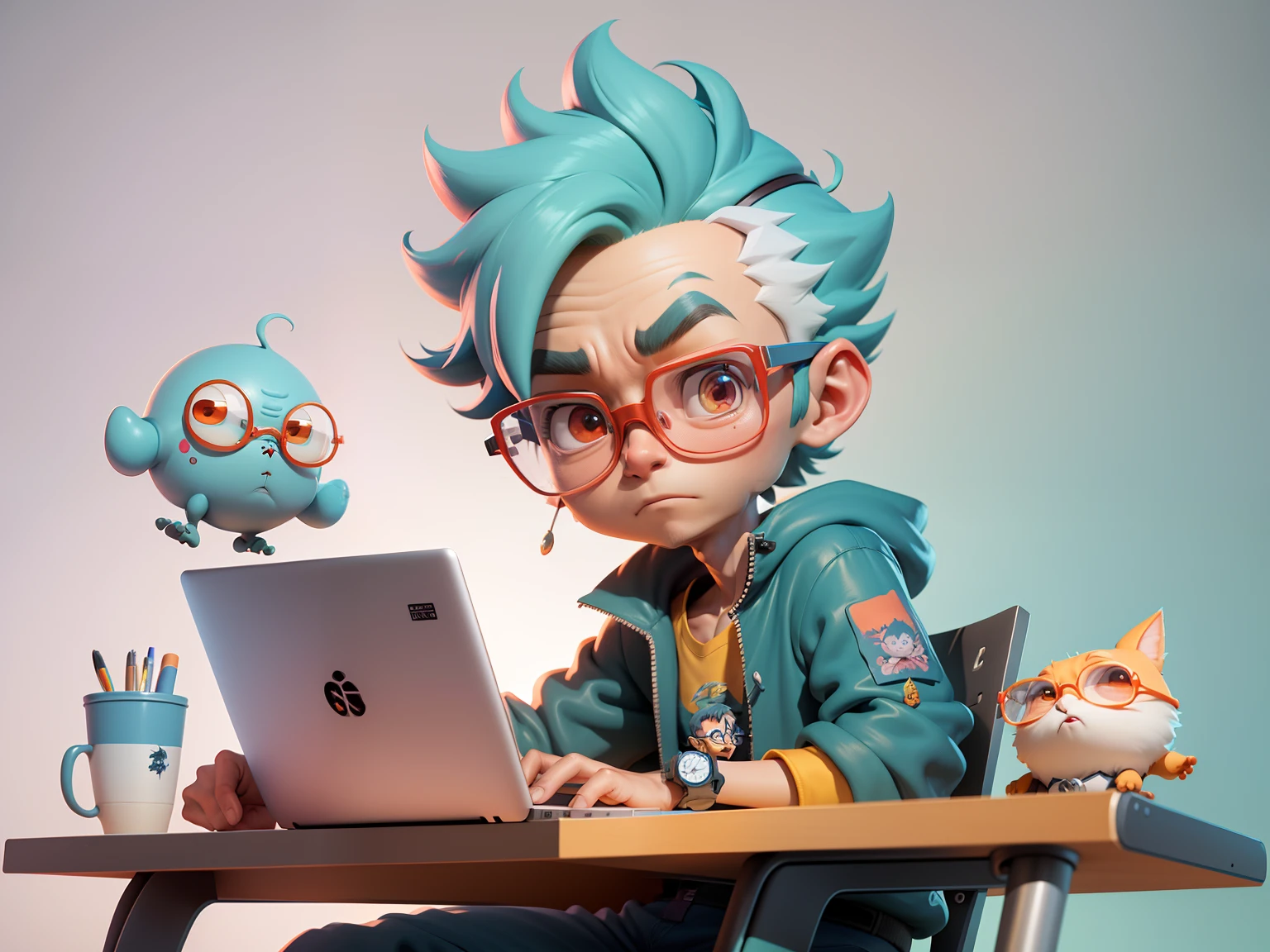 A young man with glasses sits at his desk，holding laptop，digitial painting，3D character design by Mark Clairen and Pixar and Hayao Miyazaki and Akira Toriyama，4K HD illustration，Very detailed facial features and cartoon-style visuals。