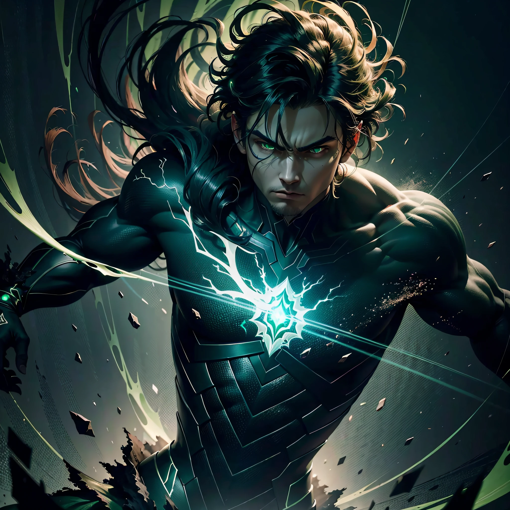 best quality, masterpiece, (realistic:1.2), detailed face, masterpiece, best quality, ultra-high res, beautiful, visually stunning, elegant, incredible details, award-winning painting, (dark art:1.1), deep shadow, (dark green theme:1.2), r1ge, glowing, aura, energy, beam, flying debris, [serious angry], floating hair, 1boy, muscular,