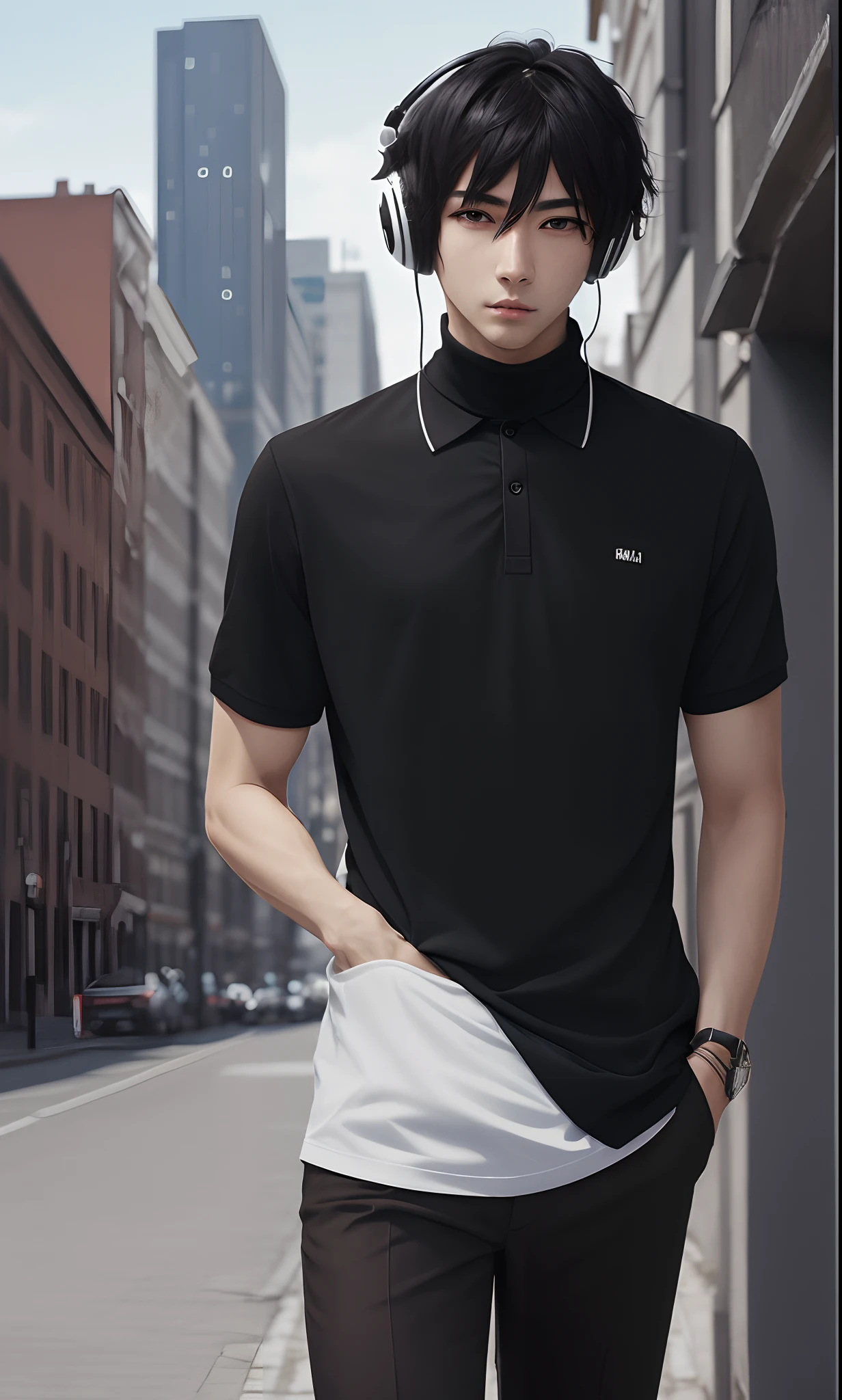 1 anime boy, short black hair, black eyes, wearing black polo necks, brown pants, white headphones, city. absurd, high res, ultrasharp, BK, masterpiece, looking for a viewer