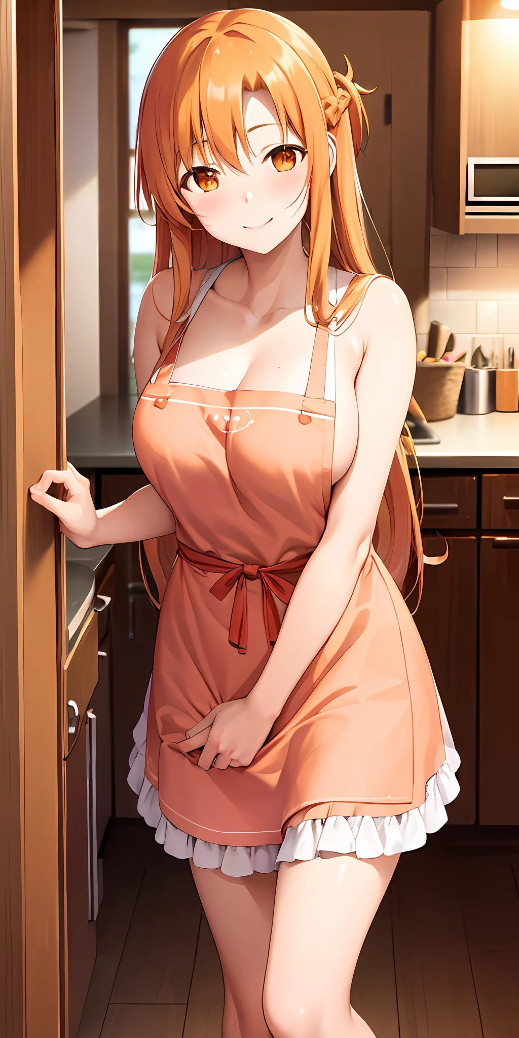 (Best quality:1.3), asuna yuuki, orange long hair, brown eyes, large breasts, naked, (apron), standing, (pov, close shot, blushing:1.1), smiling, kitchen background