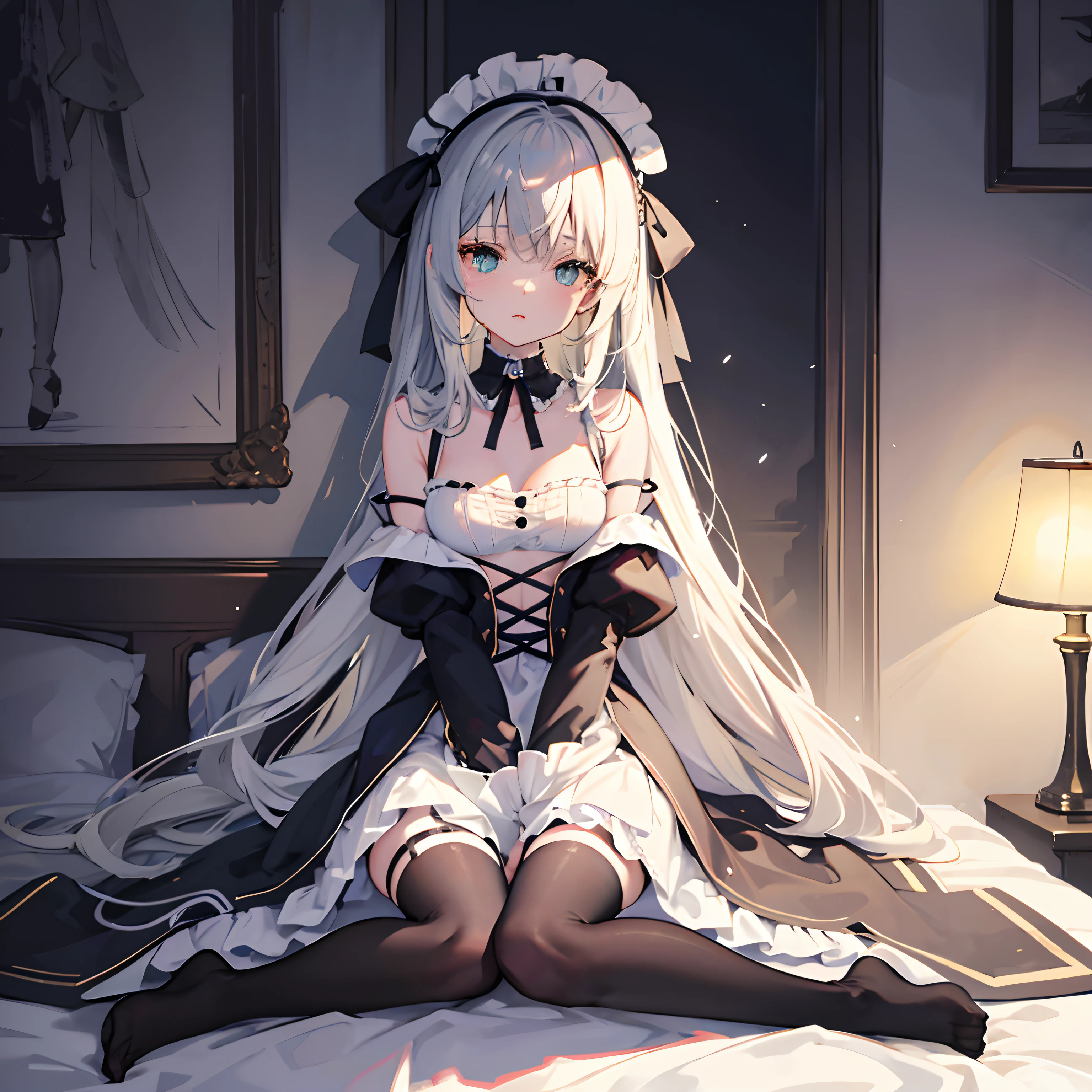 ahoge,bangs,Side_pony tails,White_Hair,Red_Eyes,reaching,Embarrassed,standing,Loli,flat_chest,slippers,shift dresses,rendering by octane,Meticulous painting,flowers meadows,angle of view,shoulder cutout,From above,full bodyesbian,Perspective,Overall view,,on top of the bed,Bedroom,A high resolution,art of light novel,art of light novel,Petite,lolita fashion,Petite,Babe,ahoge,Long hair,White hair,golden colored_Hair,Red_Eyes,Kneeling&setting on floot,wariza,Slim legs,hand between legs,Blush,Beautiful detailed eyes,Sweet_Lolita,White pantyhose,White stockings,White_upper legs,no shoe,Collar,neck bowtie,Tiny_chest,Tiny_chest,One guy,One guy,Maid dress,dress,