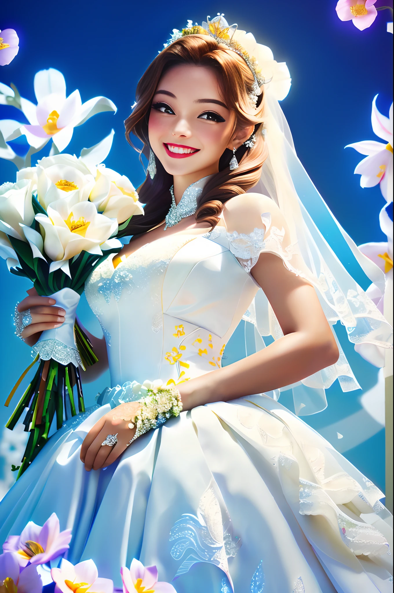 A beautiful woman in a fishtail wedding dress，Positive smiling face，The wedding dress has three layers，The lowest layer is white satin with dark yellow flowers，In the middle is a support layer, white yarn, with shimmering diamonds on the top，The top layer is white fine gauze with a flower-shaped yellow diamond pattern，Mop the fishtail wedding dress，Background bokeh，The background is a sea of flowers，HD wedding photos