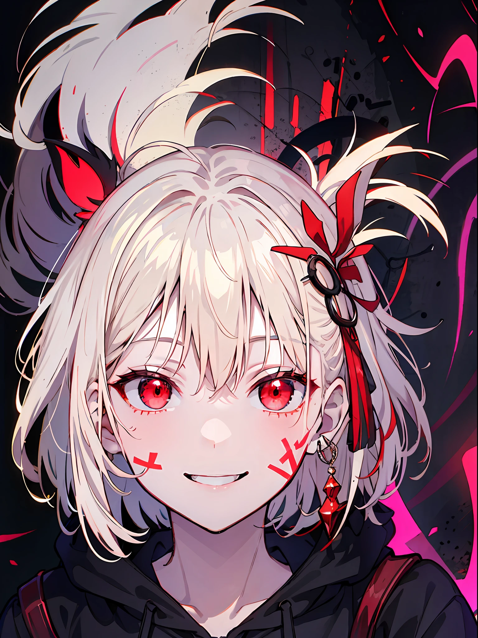 detailed background, masterpiece, best quality, smile, ornament, hoodie, portrait, red neon, graffiti, dark, night, glowing eyes, black light,platinum blonde,medium hair,red eyes