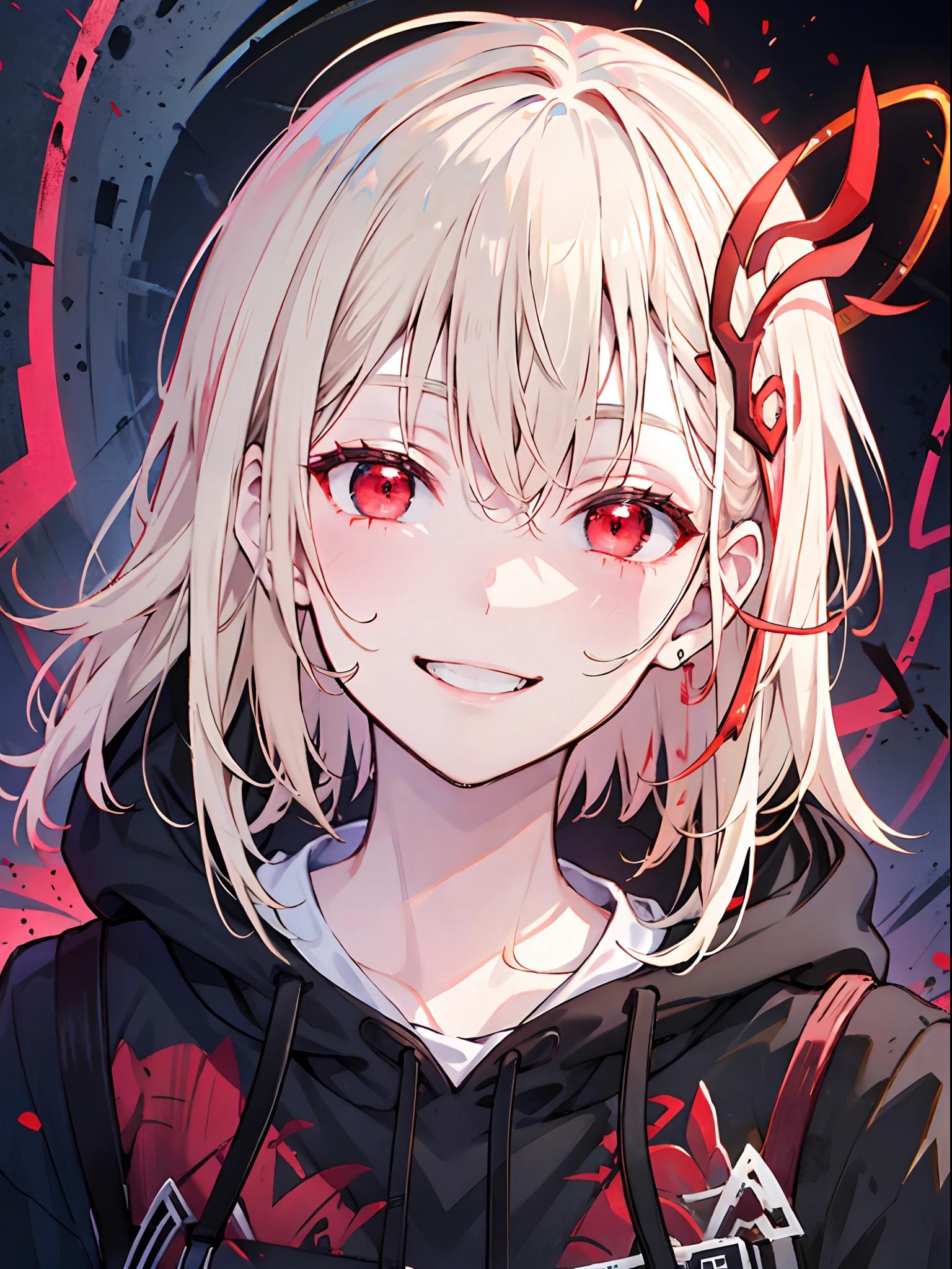 detailed background, masterpiece, best quality, smile, ornament, hoodie, portrait, red neon, graffiti, dark, night, glowing eyes, black light,platinum blonde,medium hair,red eyes