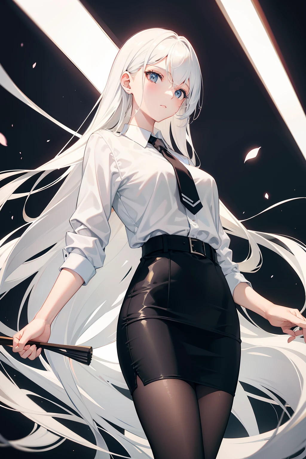 Best picture quality, high resolution, clear image, 1 female, long white hair, princess cut hairstyle, black Japanese school uniform jacket, white shirt, yellow tie, gray and white striped/checkered miniskirt (Japanese longbow on the back), perfect body , thin buttocks, narrow waist, plump body