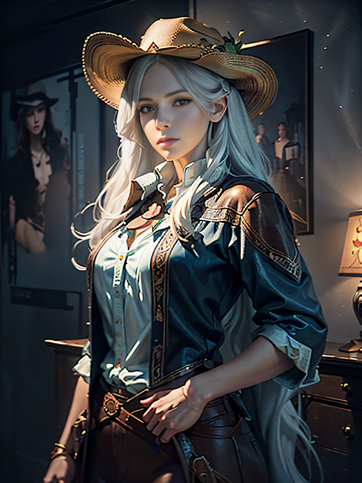 Hyperrealist portrait of female by david hockney and alphonse mucha,fantasy art, photo realistic, dynamic lighting, artstation, poster, volumetric lighting, very detailed faces, 4 k, award winning,, 1girl, in the dark, deep shadow, low key,cowboy shot,(official clothing:1.4) ,long hair,white hair,