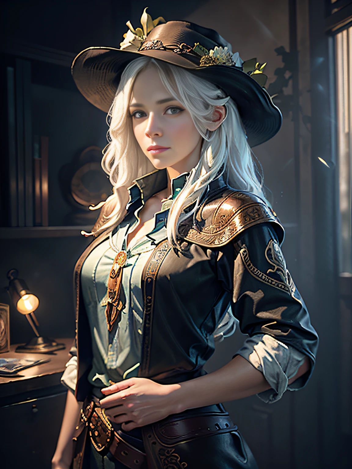 Hyperrealist portrait of female by david hockney and alphonse mucha,fantasy art, photo realistic, dynamic lighting, artstation, poster, volumetric lighting, very detailed faces, 4 k, award winning,, 1girl, in the dark, deep shadow, low key,cowboy shot,(official clothing:1.4) ,long hair,white hair,