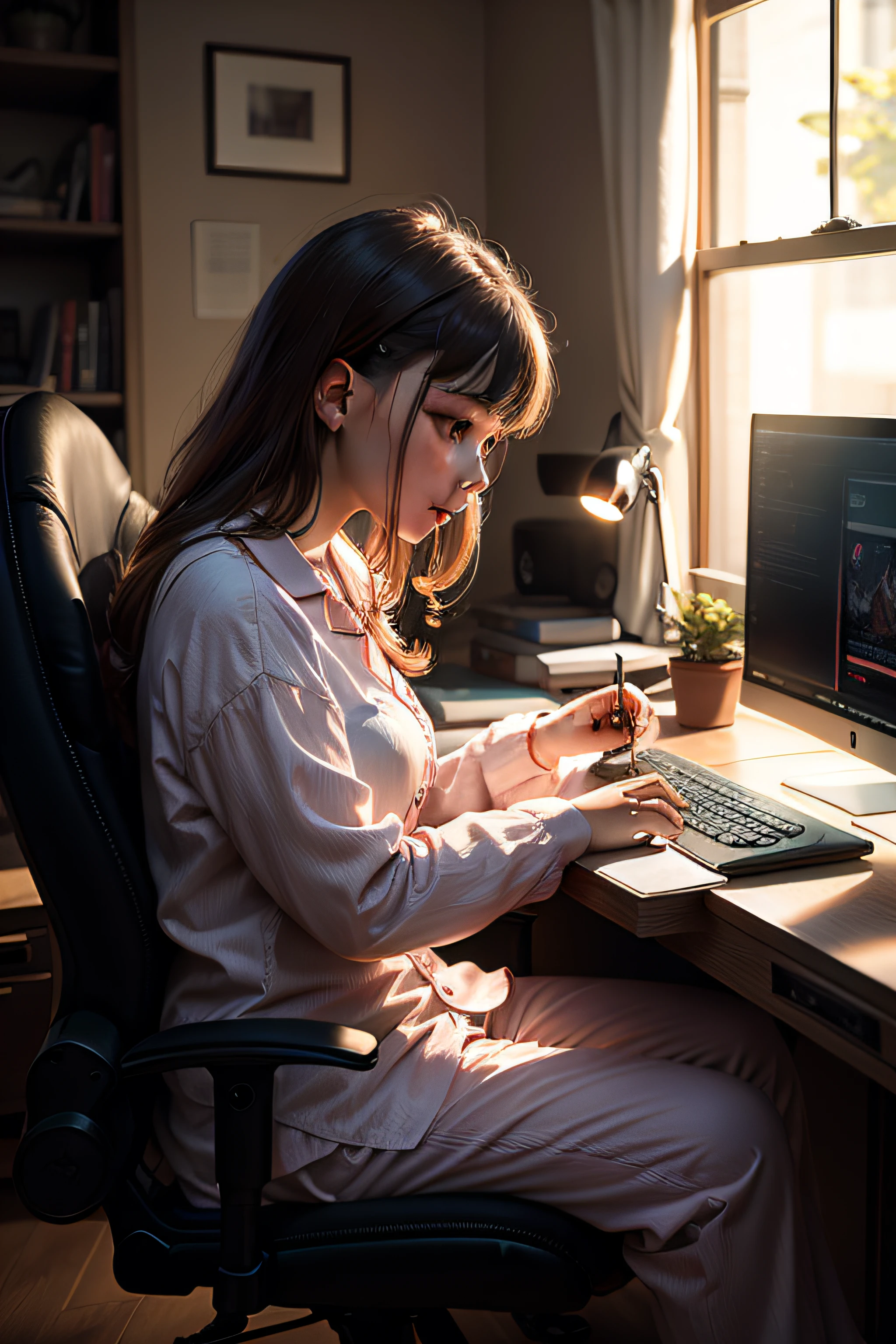 Indoor night view, Computer gaming chair, rainy evening, A girl works in her pajamas, Blur the lights