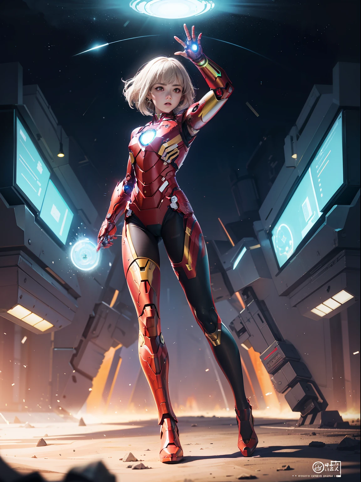 (full body:1.5),(1girl:1.3),(view the viewer:1.4),(anatomy correct:1.45),(Wear printed fantasy iron man tight and point-toe heels ,and very thick printed pantyhose :1.35), (Light particle effect:1.3),(In pink | amarelo | blue colors| green color |red colour | white colors| black in color| purpleish color| greys| Beige| Flesh color 1.4),(Glowing eyes:1.3),(Large amplitude action: 1.3),(Accurate and perfect face:1.4),hyper HD, Ray traching, reflective light,structurally correct, Award-Awarded, high detal, lightand shade contrast, Face lighting,cinmatic lighting, tmasterpiece, super detailing, high high quality, high detal, best qualityer, 16k,High contrast,