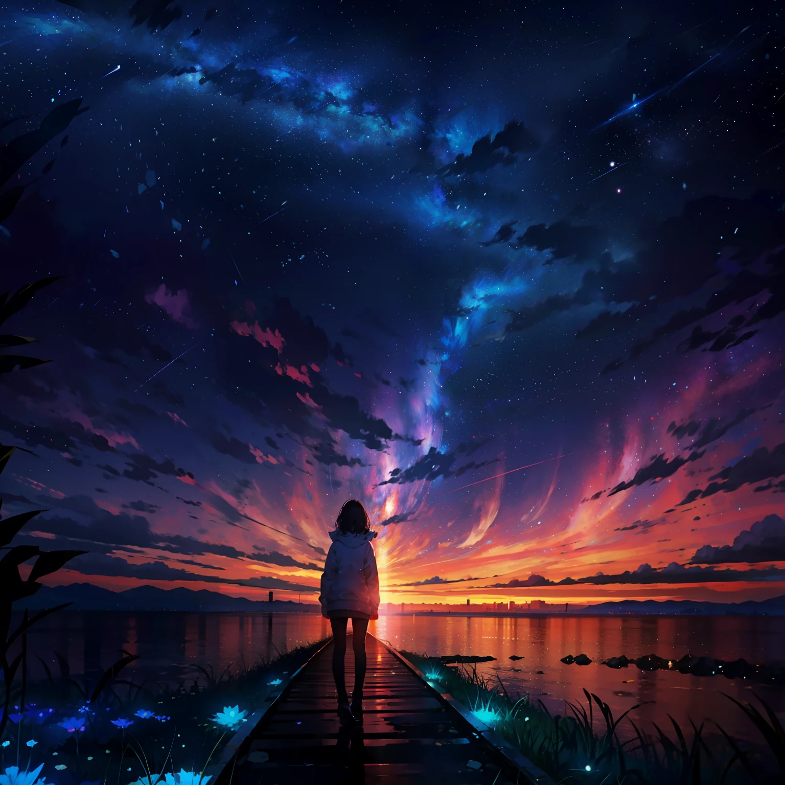 stands on the surface of the planet earth,looking at the stars,The vastness is boundless，I felt so lonely,Seven colored lights in the starry sky，Ambilight，@Niu Xiaobai
