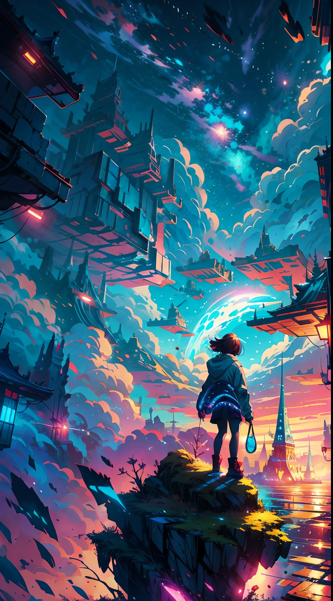 anime girl standing on a rock looking at a star filled sky, makoto shinkai cyril rolando, anime art wallpaper 4k, anime art wallpaper 4 k, anime art wallpaper 8 k, cosmic skies. by makoto shinkai, inspired by Cyril Rolando, in the style dan mumford artwork, amazing wallpaper, by Yuumei