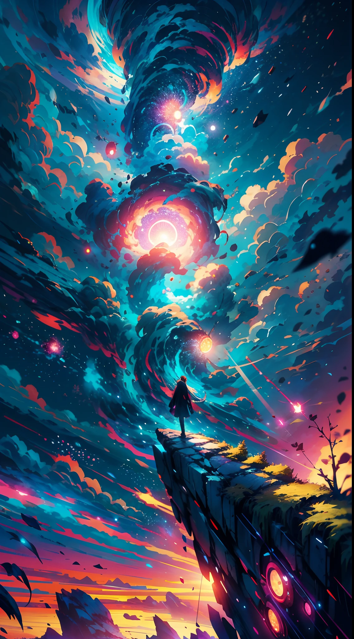 anime girl standing on a rock looking at a star filled sky, makoto shinkai cyril rolando, anime art wallpaper 4k, anime art wallpaper 4 k, anime art wallpaper 8 k, cosmic skies. by makoto shinkai, inspired by Cyril Rolando, in the style dan mumford artwork, amazing wallpaper, by Yuumei