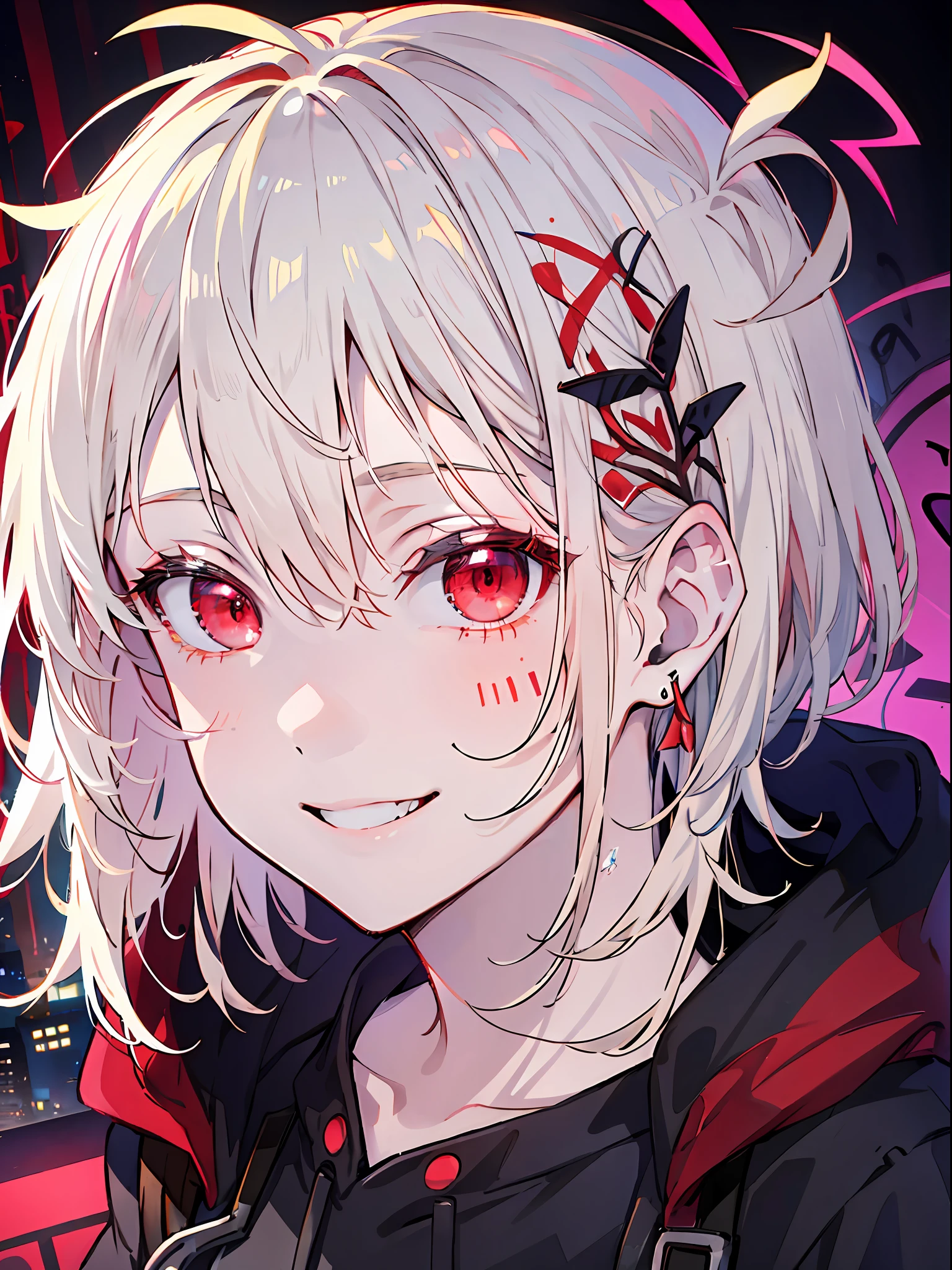 detailed background, masterpiece, best quality, smile, ornament, hoodie, portrait, red neon, graffiti, dark, night, glowing eyes, black light,platinum blonde,medium hair,red eyes