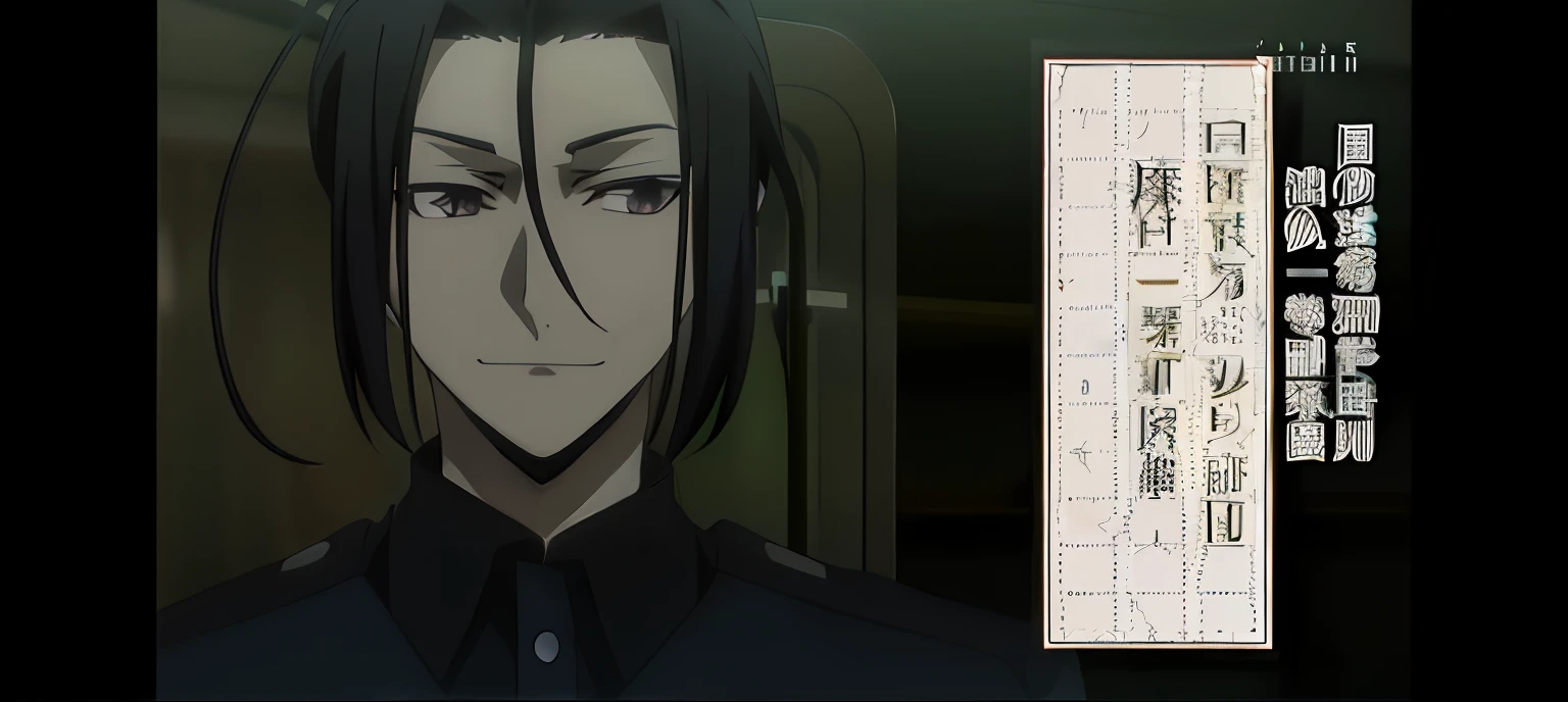 Anime characters with long black hair and black shirts, sebastian michaelis, inspired by Munakata Shikō, he is smiling, very slightly smiling, hijikata toushirou, in the anime film, screenshot from a 2012s anime, in the anime series ergo proxy, hiroyuki takahashi color scheme
