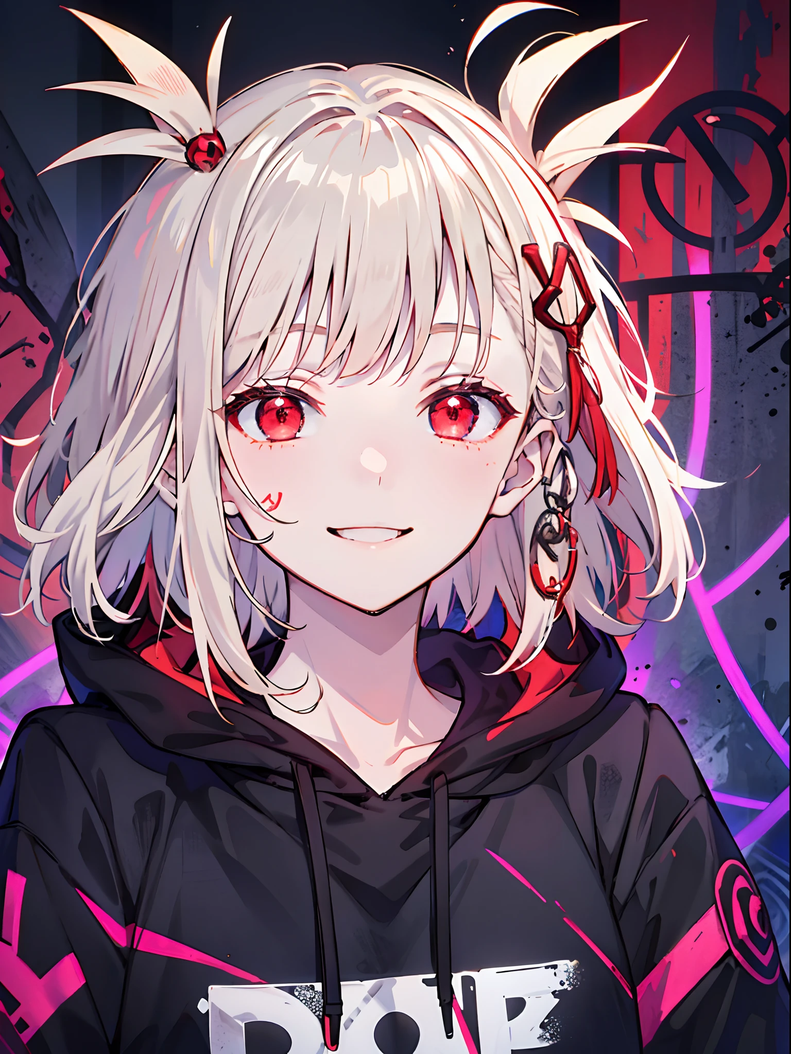 detailed background, masterpiece, best quality, smile, ornament, hoodie, portrait, red neon, graffiti, dark, night, glowing eyes, black light,platinum blonde,medium hair,red eyes