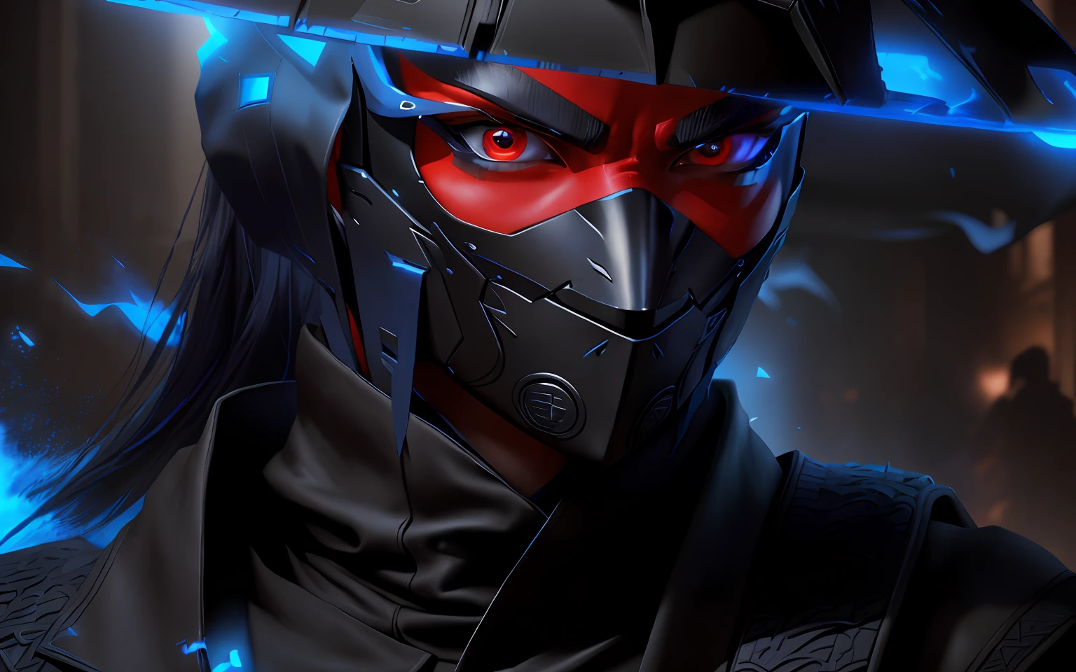 With a ninja cloak, Super detailed content : face, blue face unreal engine, 8K highly detailed face, , ps5 cinematic screen capture, Villain wearing a black medium red embellished mask, closeup shot of face, full body close-up shot, closeup of face, Ultra HD facial detail