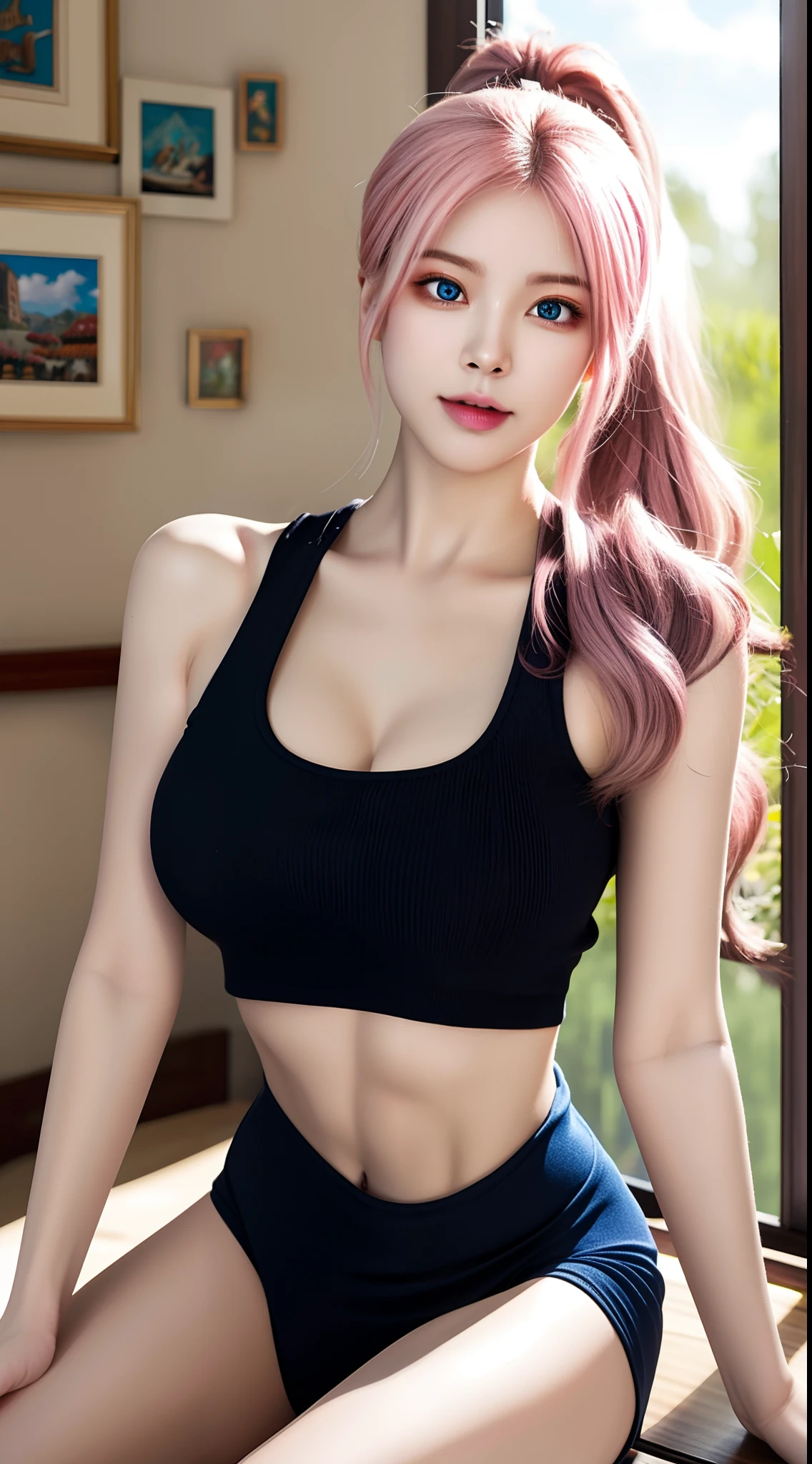 masutepiece, (black pink:1.2), (Dopey Eyes:1.9), Large breasts, cute kittens, jump, ohwx, fighting each other, Cutest, Best Quality, Long hair, glow effect, Swirls of black aura, Rim Light, With a well-proportioned body, (tmasterpiece:1.4), sportrait, A pink-haired, Colossal tits, ssmile, Convoluted, Very meticulously, Artistic germination and art of Nguyen Gia and Greg Rutkowski Armor in Surrealist painting, (tmasterpiece, Exquisite and beautiful eyes:1.2 ), tmasterpiece, Beautiful moving bust of a royal woman, Decorated with brilliant and intricate floral jewelry, upgrade, (hyperrealistic), (illustration), (high resolution), (8K), (extremely detailed), (best illustration), (beautiful detailed eyes), (best quality), (ultra-detailed), (masterpiece), (wallpaper), (photorealistic:1.4), (natural light), (rim lighting), (detailed face), high detailed realistic asian skin texture, anatomically correct, solo, 1 girl, (high detailed realistic long wavy white hair:1.35), (ponytail contorted:1.4), heterochromic eyes, (detailed blue eyes), small moles under the eyes, (realistic big breasts:1.5), long legs, tight abs, dynamic pose, sport bra, navy formal blazer, (upon body from head to thighs:1.4)