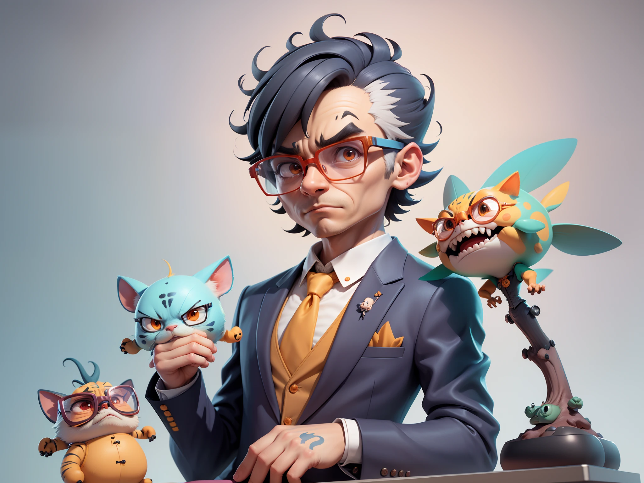 A young man in a suit, Short hair and glasses sat at his desk,holding laptop,digitial painting,tigre,3D character design by Mark Clairen and Pixar and Hayao Miyazaki and Akira Toriyama,4K HD illustration,Very detailed facial features and cartoon-style visuals。