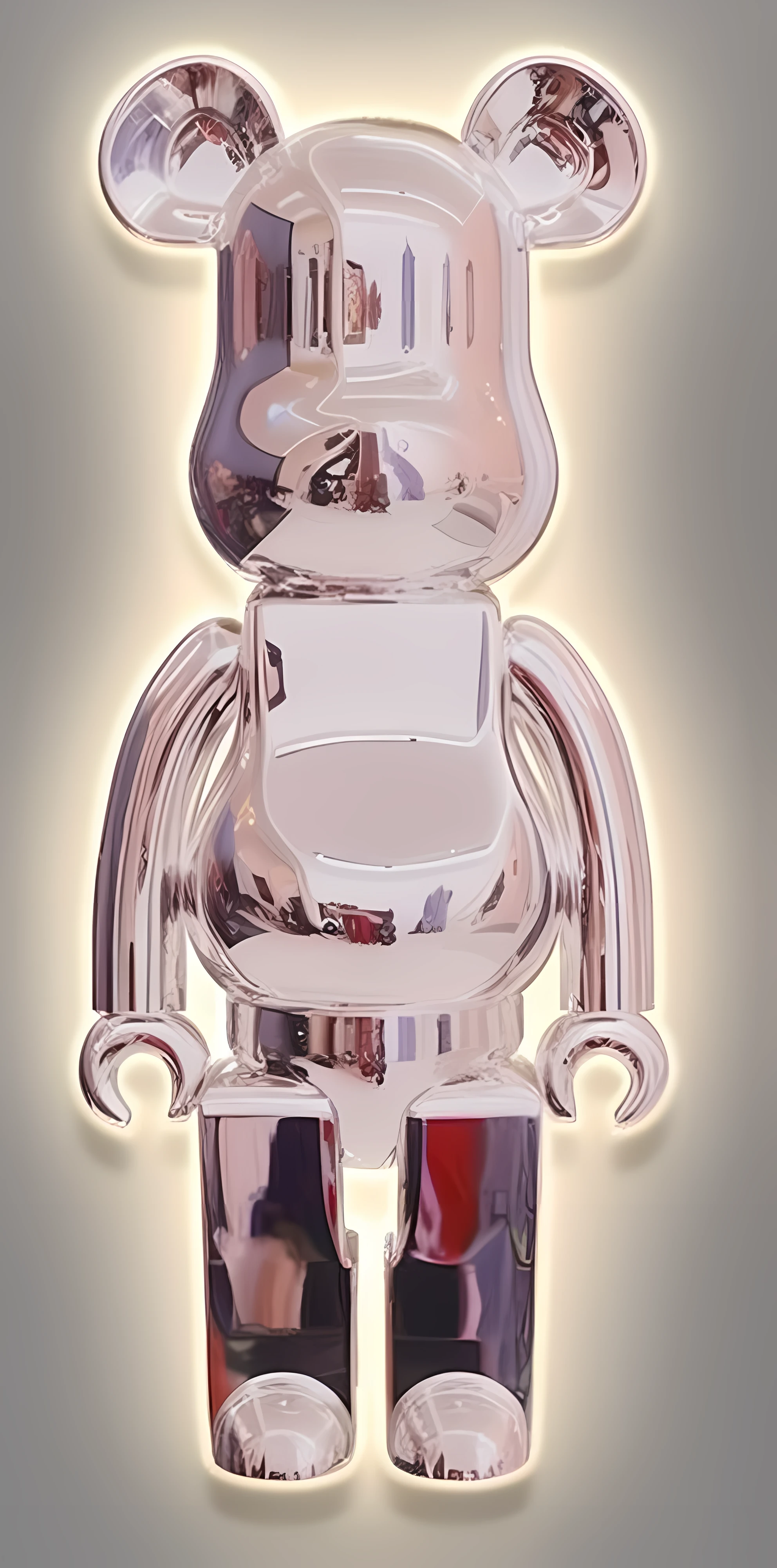 A shiny bear statue is on display, bearbrick, made out of shiny silver, Huge chrome man, made out of shiny white metal, Chrome robot, chrome art, half robot half bear, flat shaped chrome relief, Chromium reflection, chrome body, sofubi, art toys collectible figurine, person made out of glass, silver chrome color, Diamond plated superheroes